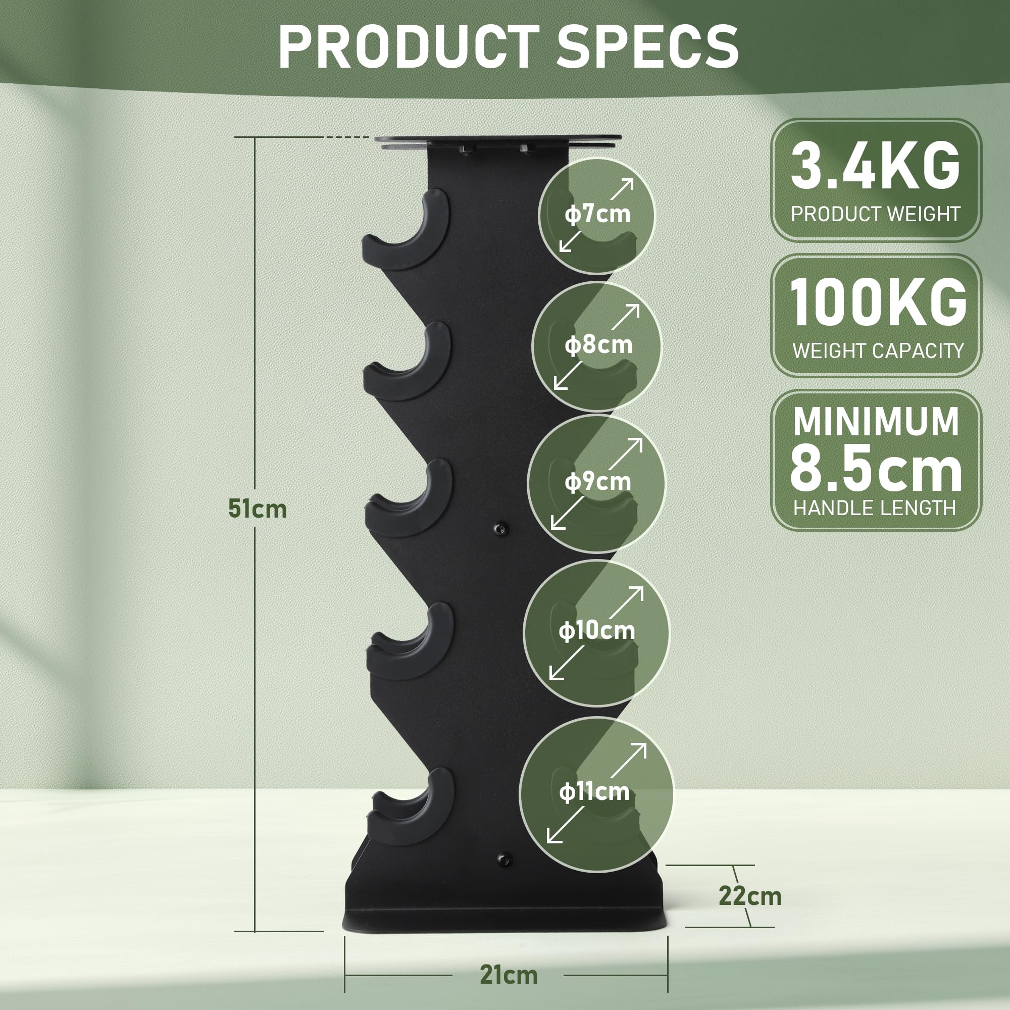 PhysKcal 5-Tier Vertical Dumbbell Rack | Steel Weight Storage Stand