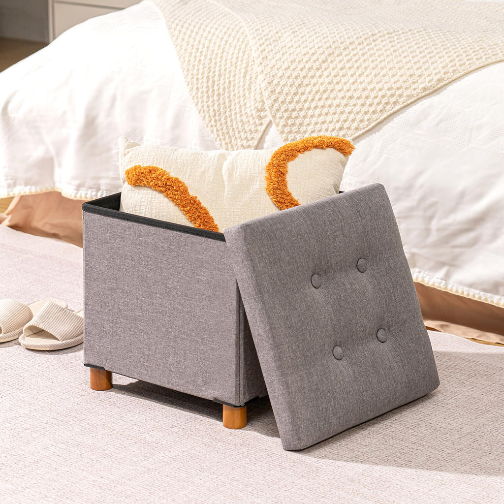 Bonlife Grey Storage Ottoman - Folding Footstool with Wood Legs