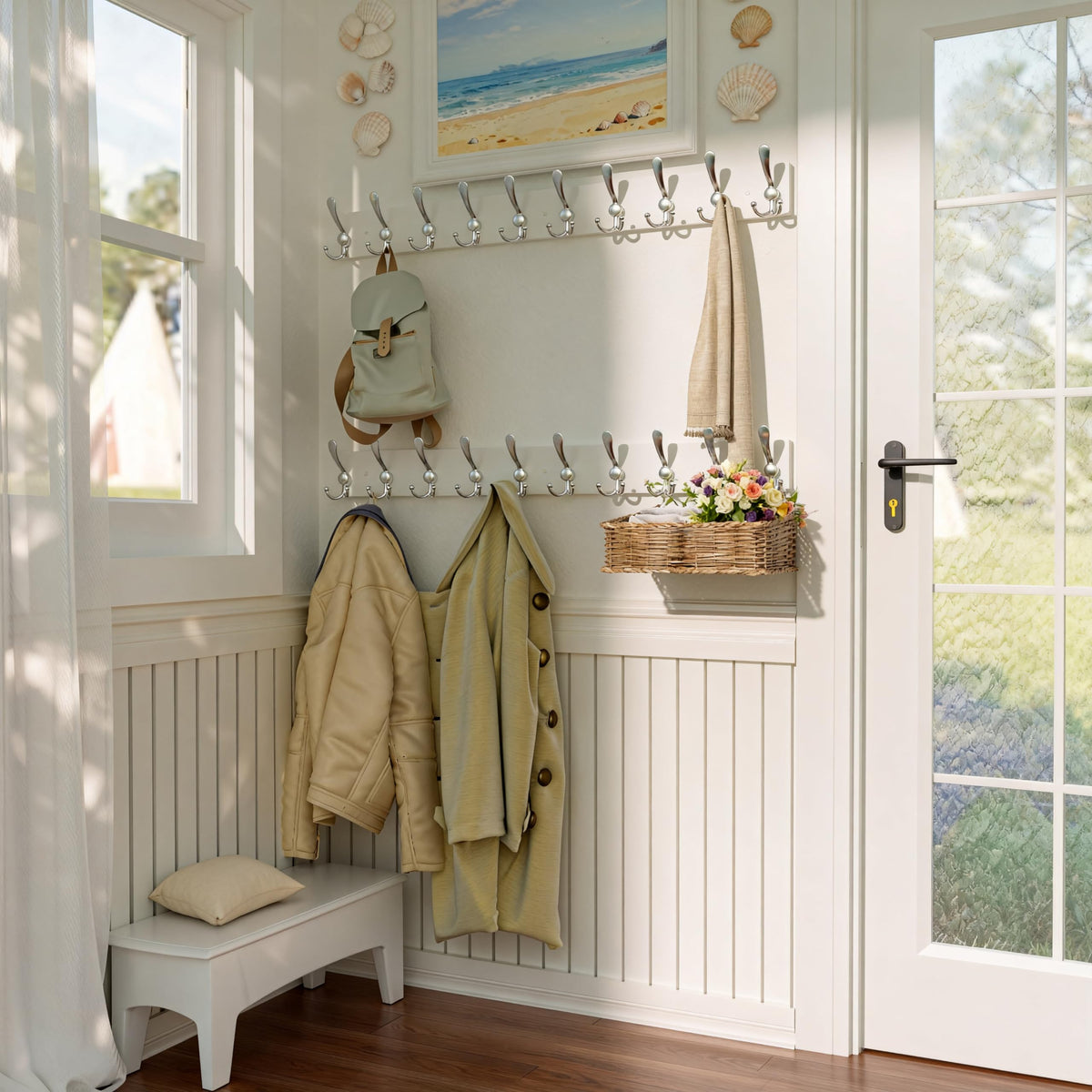 SKOLOO Creations White Solid Wood Wall Mounted Coat Rack, 10 Hooks, 38-1/8" Long - Kitchen, Mudroom, Entryway, Bathroom - Includes Mounting Hardware - image 2