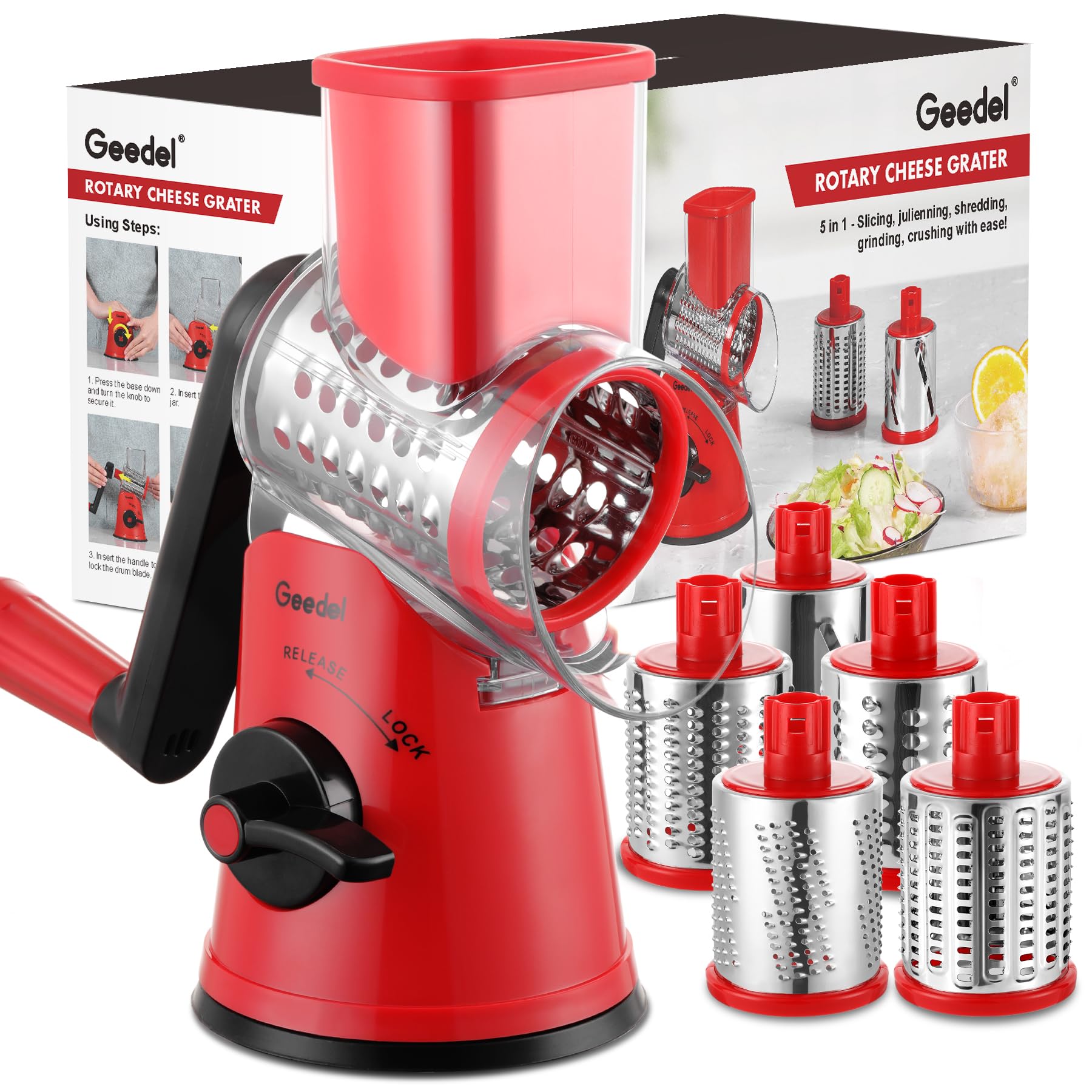 Geedel Rotary Cheese Grater – 5-Blade Vegetable Slicer and Ice Crusher, Red