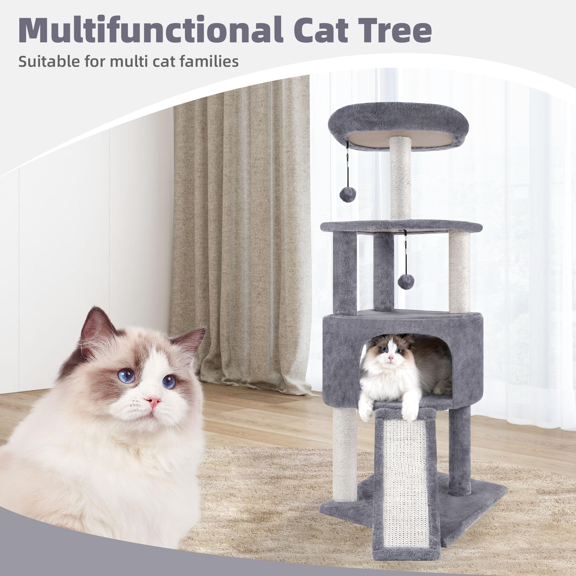 TWDEPART 45-Inch Cat Tree Tower with Condo and Scratching Posts – Grey