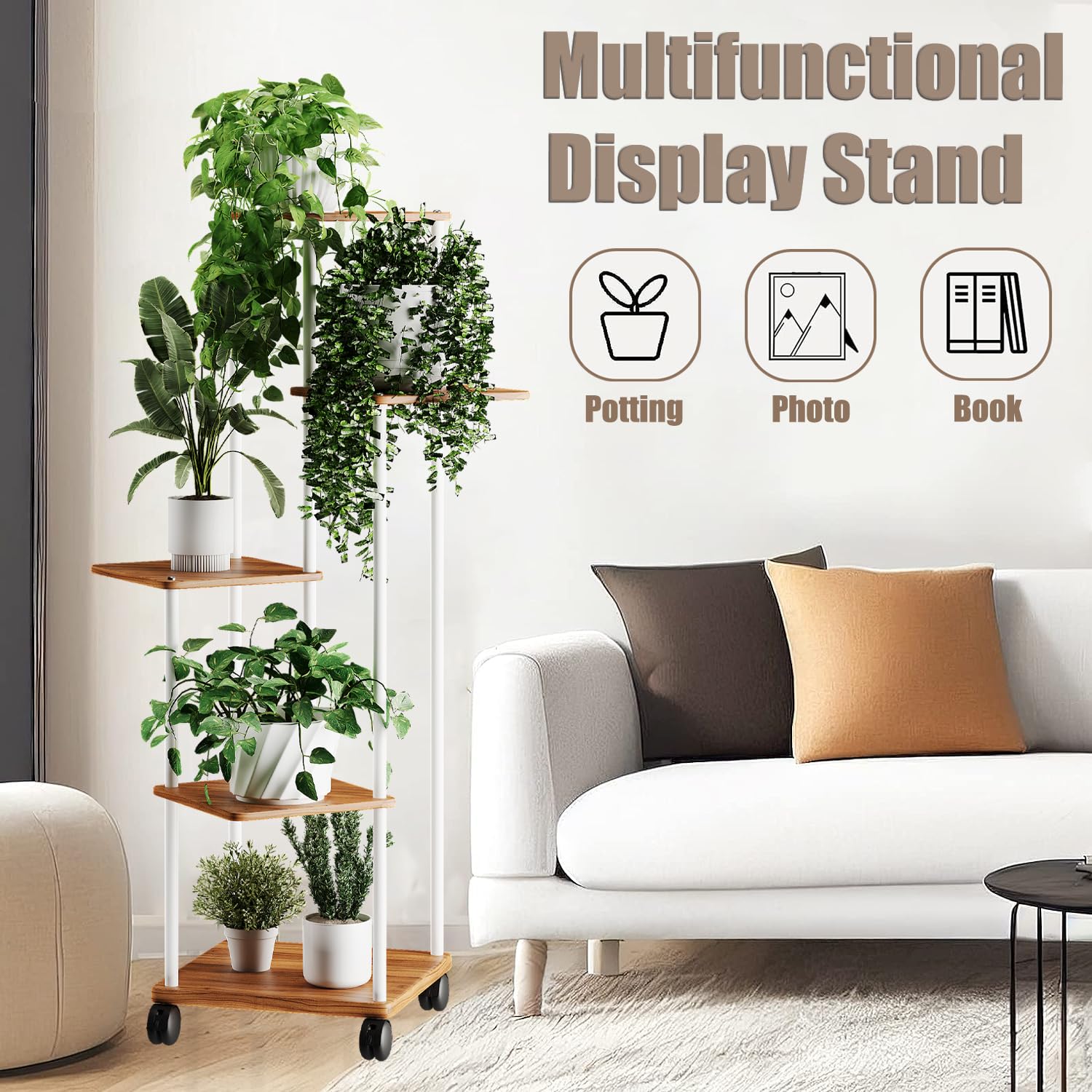 Jolof Store 5-Tier Wooden Plant Stand | Multi-Tier Flower Shelf with Wheels