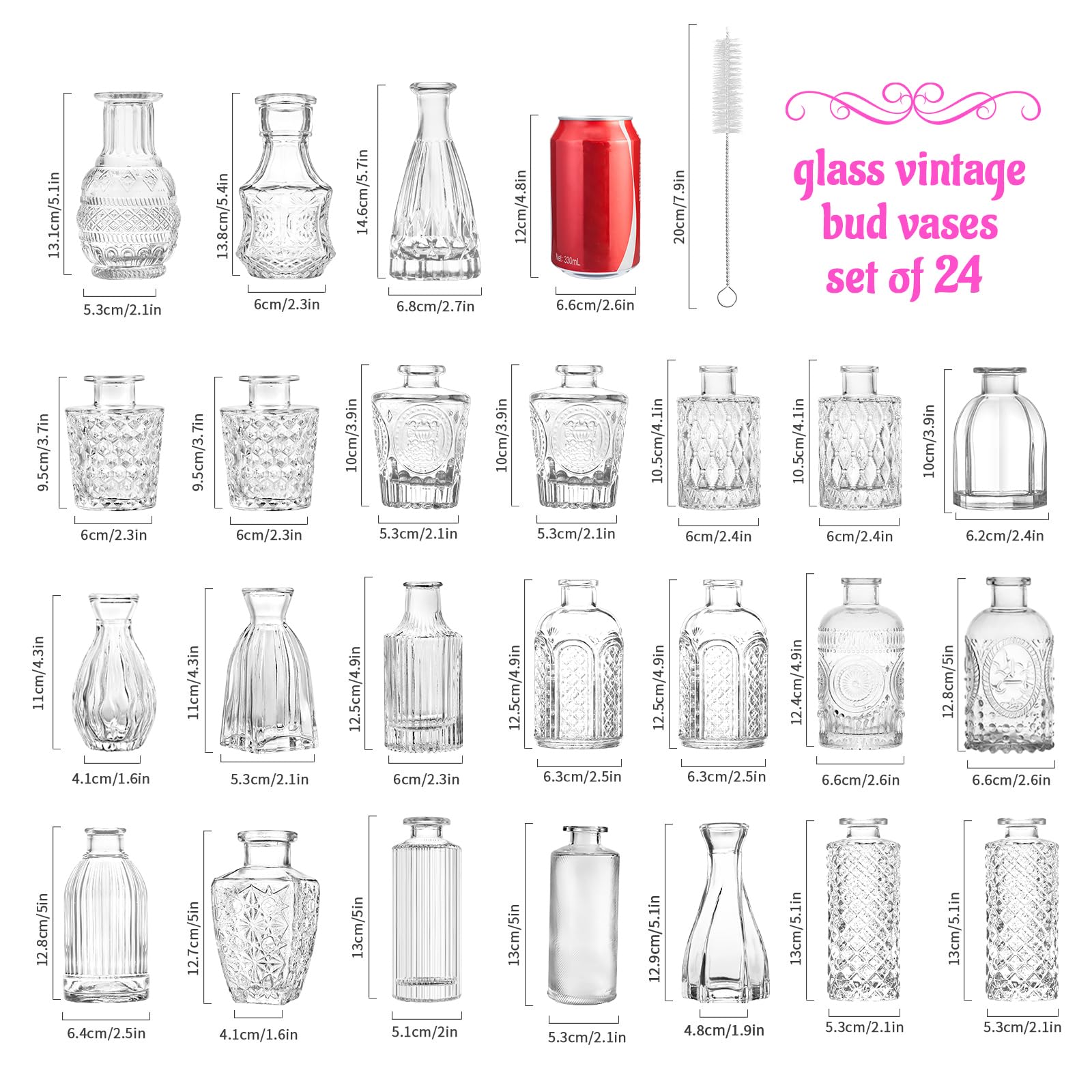 Glass Bud Vase Set of 24 | Clear Vintage Embossed Flower Vases