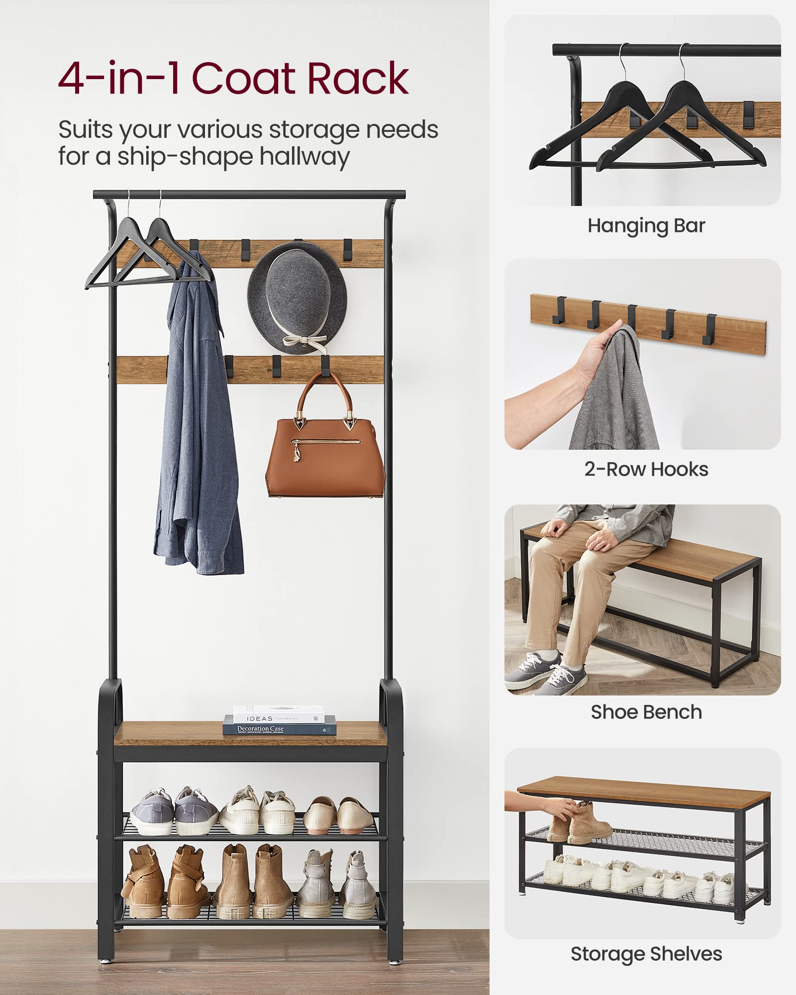 VASAGLE 4-in-1 Coat Rack with Shoe Storage Bench and 9 Hooks – Industrial