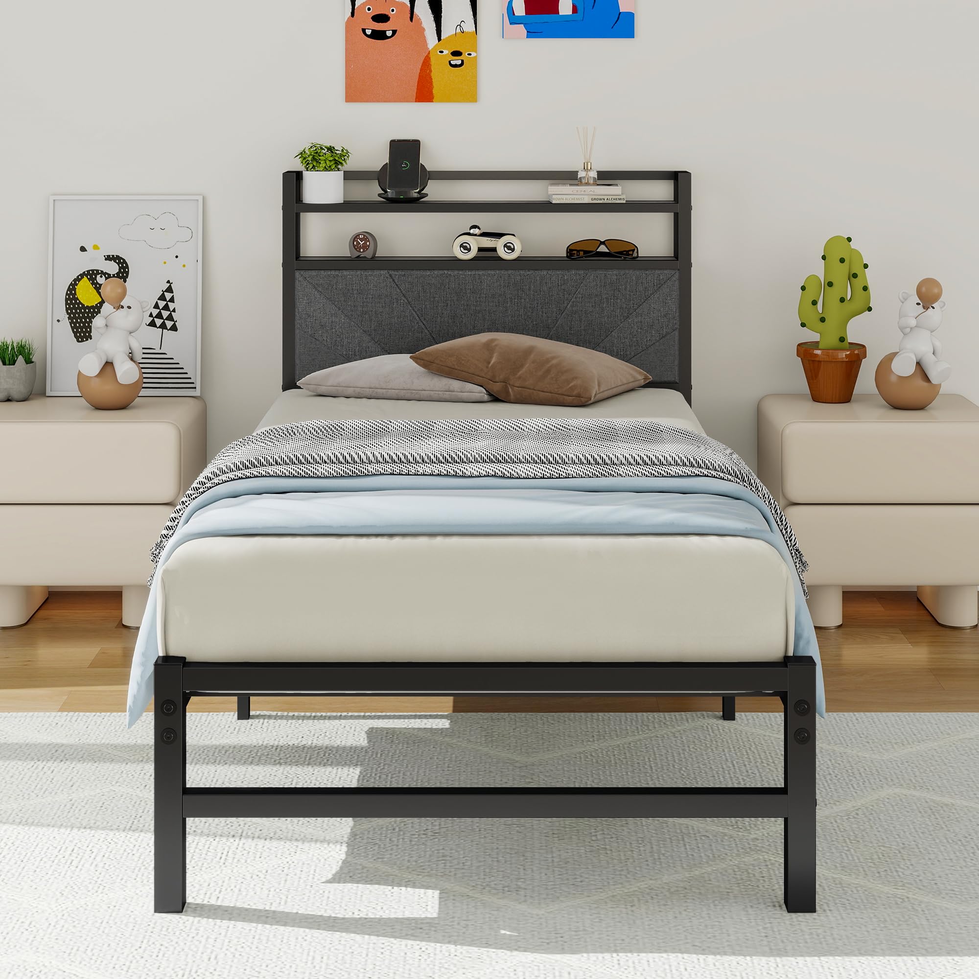 ARFARLY Single Bed Frame 90x200cm – Metal Storage Bed with Headboard