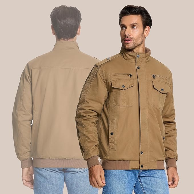 KEFITEVD Men's Military Bomber Jacket | Cotton Thermal Cargo Windbreaker