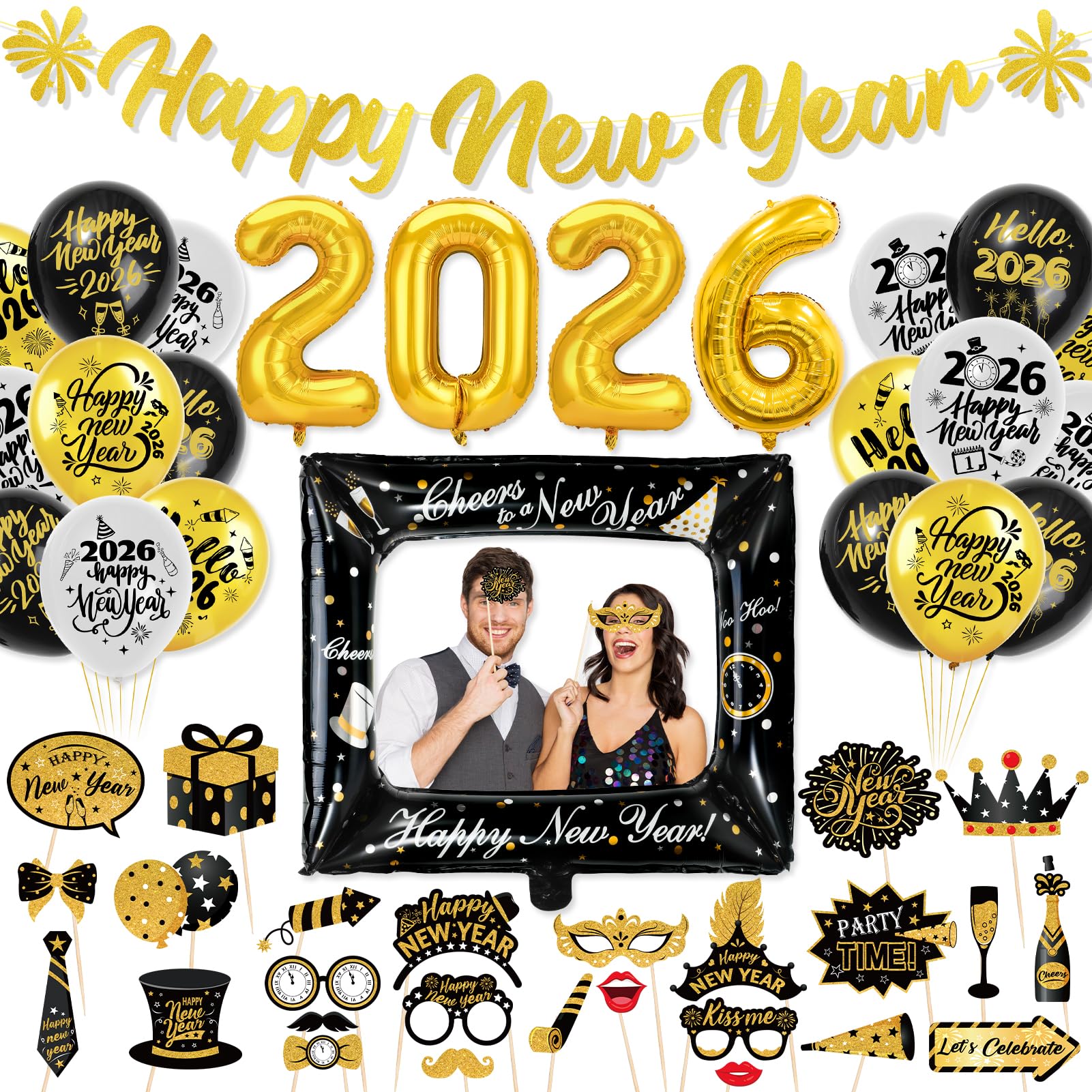 HOWAF 2026 New Years Eve Party Decorations – Black & Gold NYE Balloon Kit