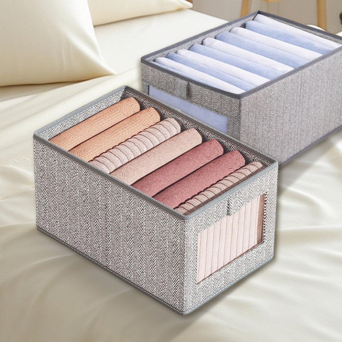 FUNSUEI 6 Pack Foldable Clothes Storage Boxes Large & Medium, Fabric Wardrobe Storage Organiser with Clear Window for Clothes, Snacks, Towel