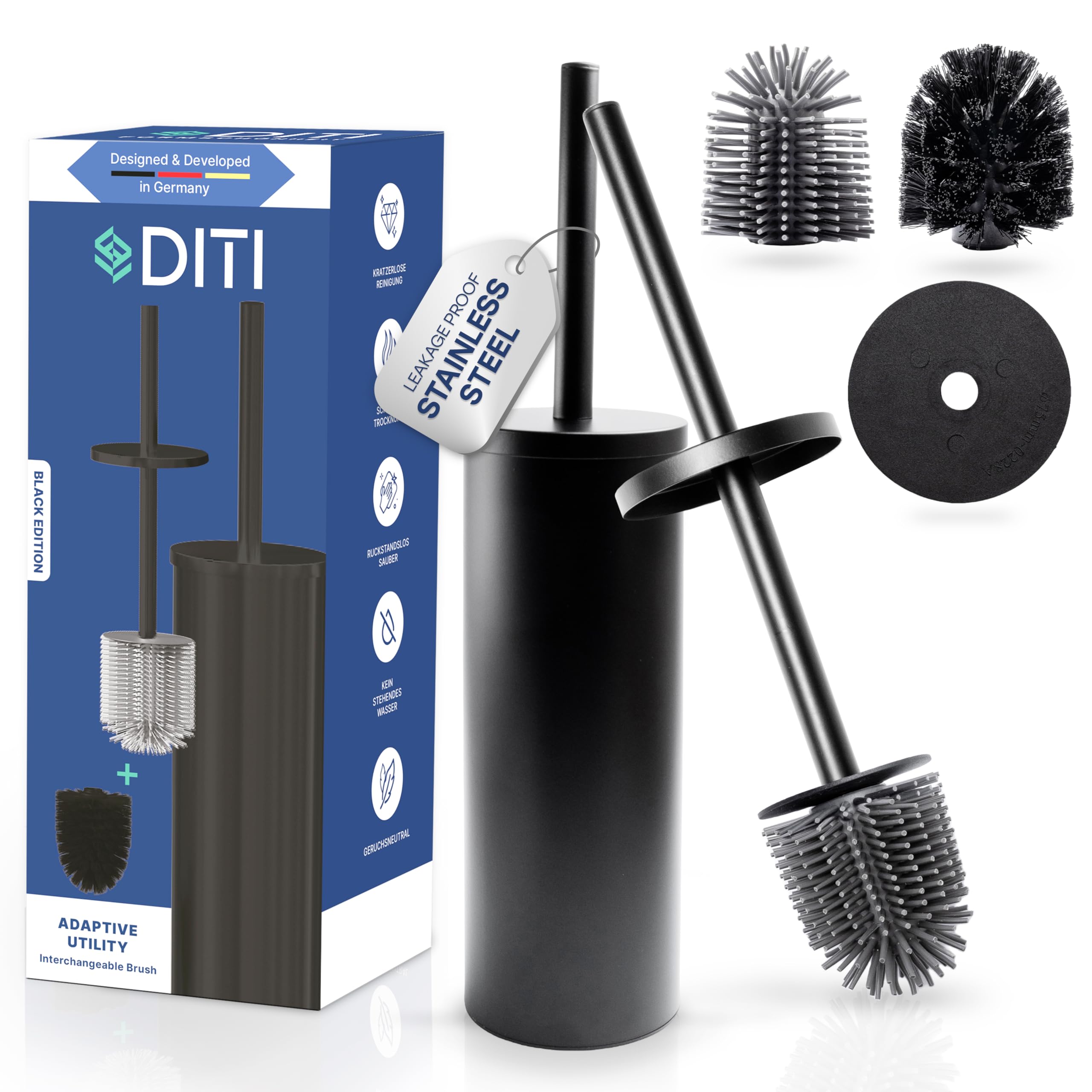 DITI Silicone Toilet Brush Set – Black Stainless Steel with 2 Brush Heads