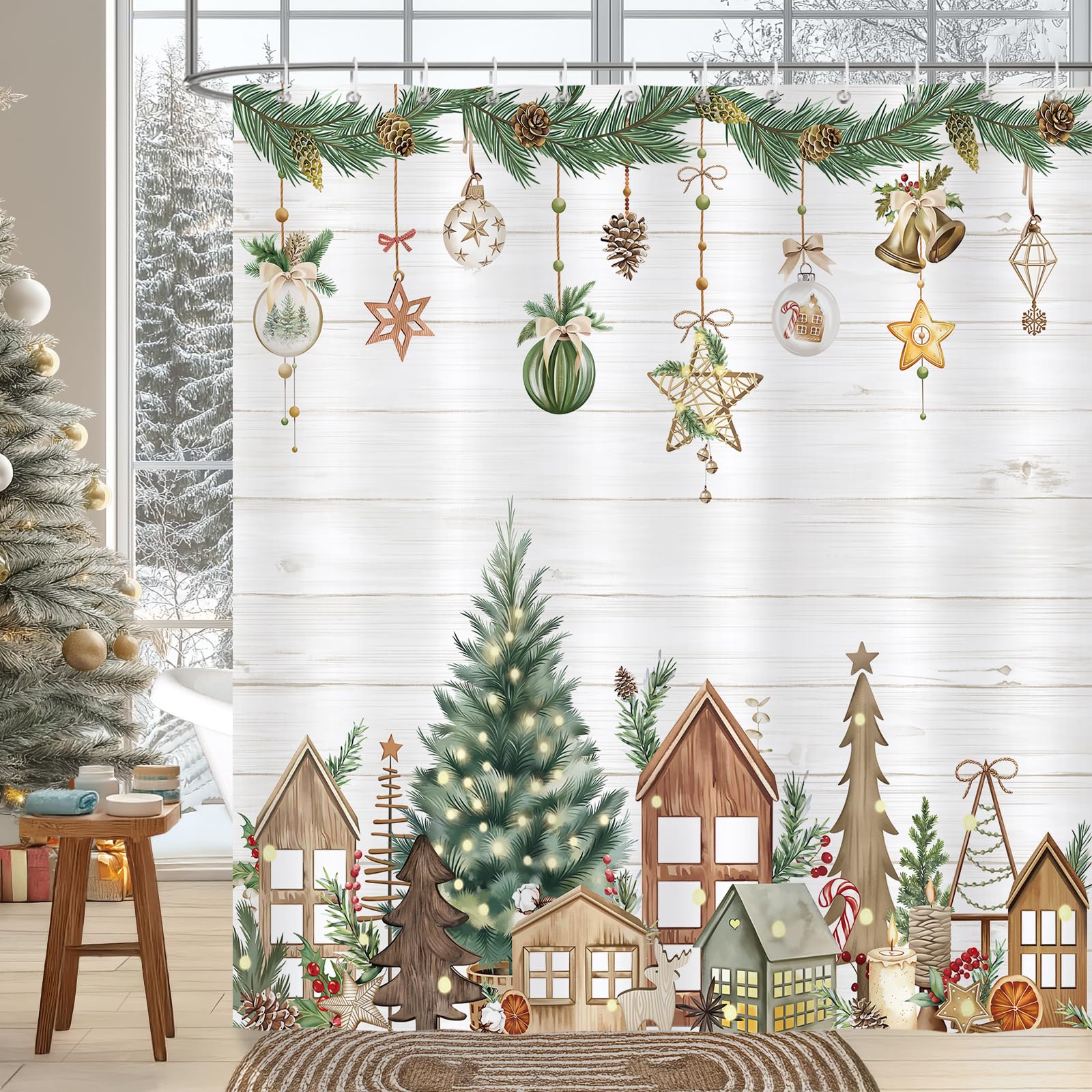 Bonhause Christmas Tree Shower Curtain | Farmhouse Pine Tree 180x180cm