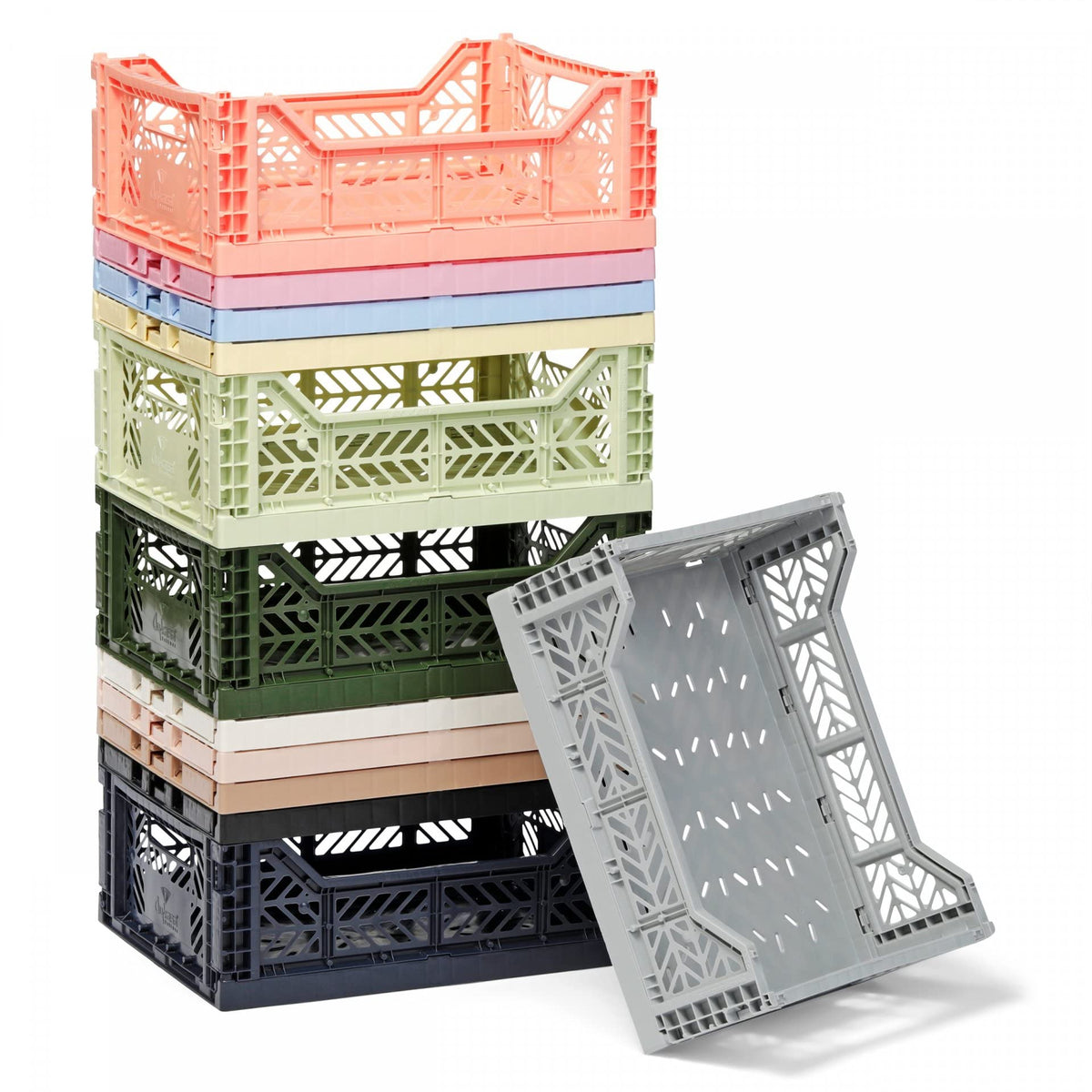 Ay-Kasa Folding Crate, Sturdy Folding Box, Plastic, Stackable, Milk Tea, Midi 40 x 30 x 14 cm