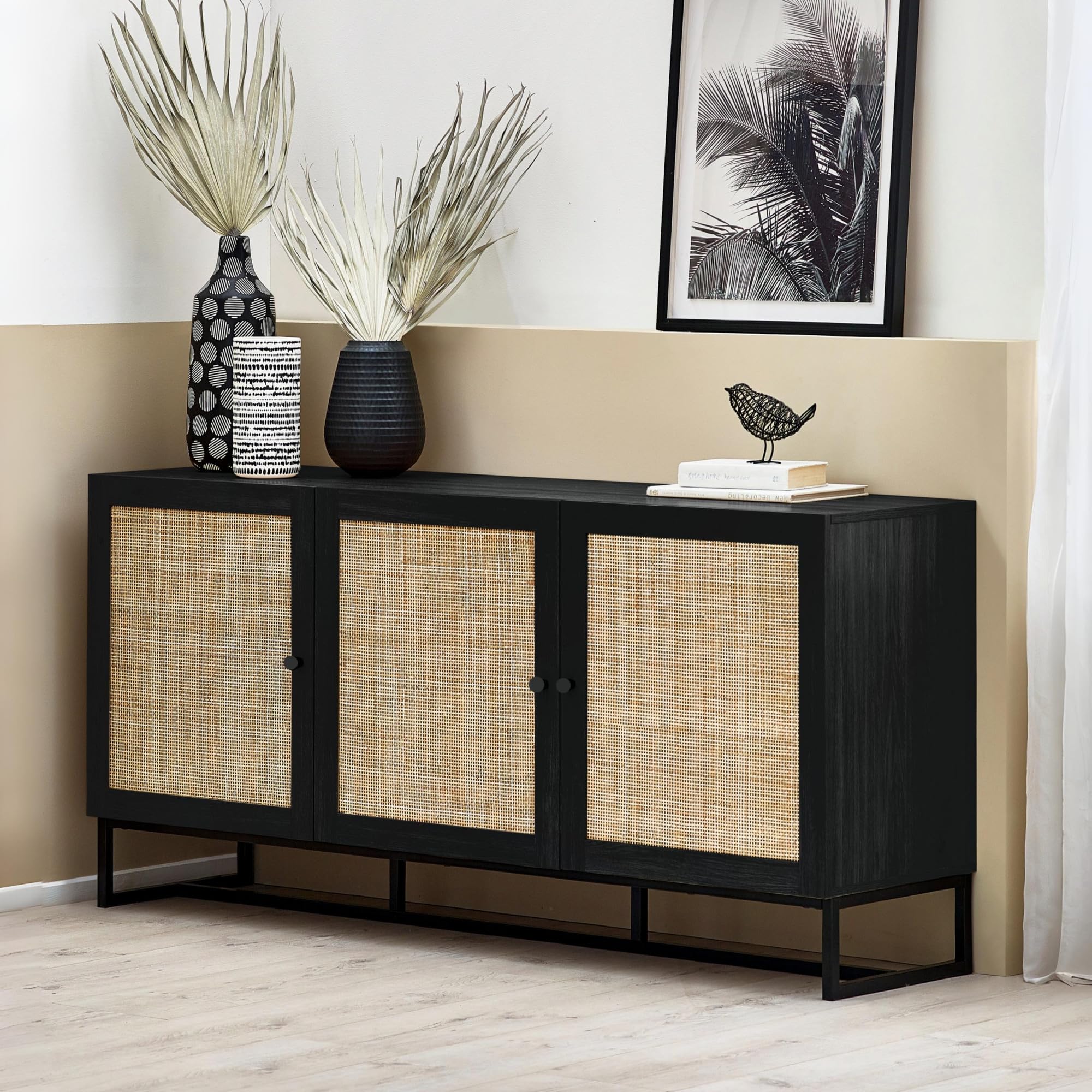 Julian Bowen Padstow Sideboard – Black Rattan Industrial Console