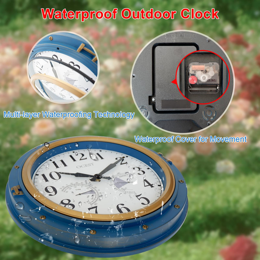 OCEST 16 Inch Outdoor Garden Clock | Waterproof Retro Wall Clock with Blue Frame