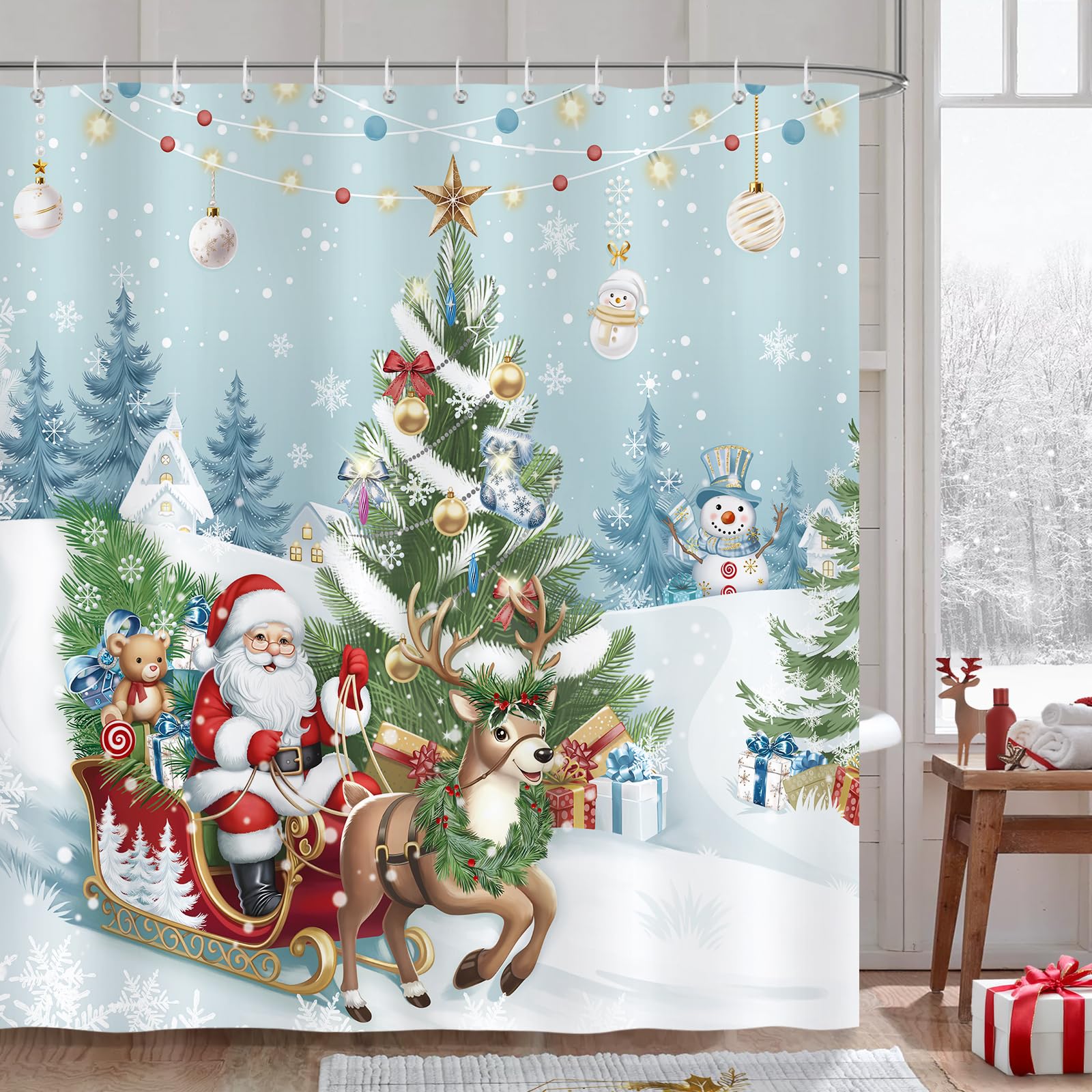 Cozzsnuge Christmas Shower Curtain | Santa & Reindeer Waterproof Polyester