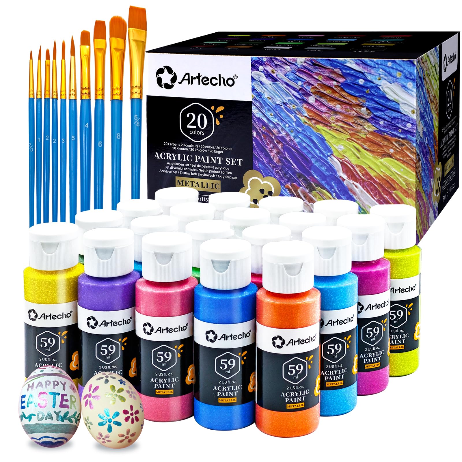 Artecho Metallic Acrylic Paint Set - 20 Colors with 10 Brushes