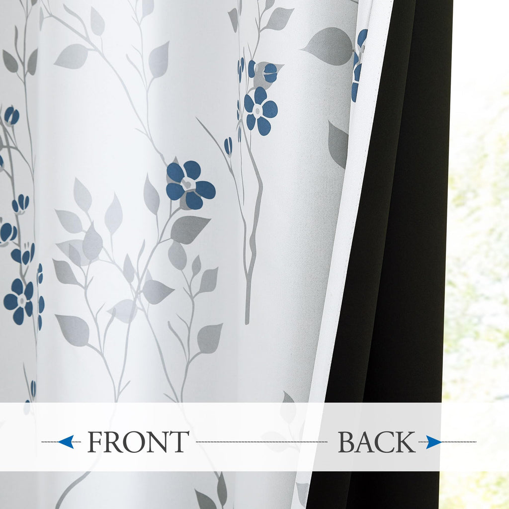 Jolof Store Blue Grey Floral Blackout Curtains - 72 Inch Thermal Drapes