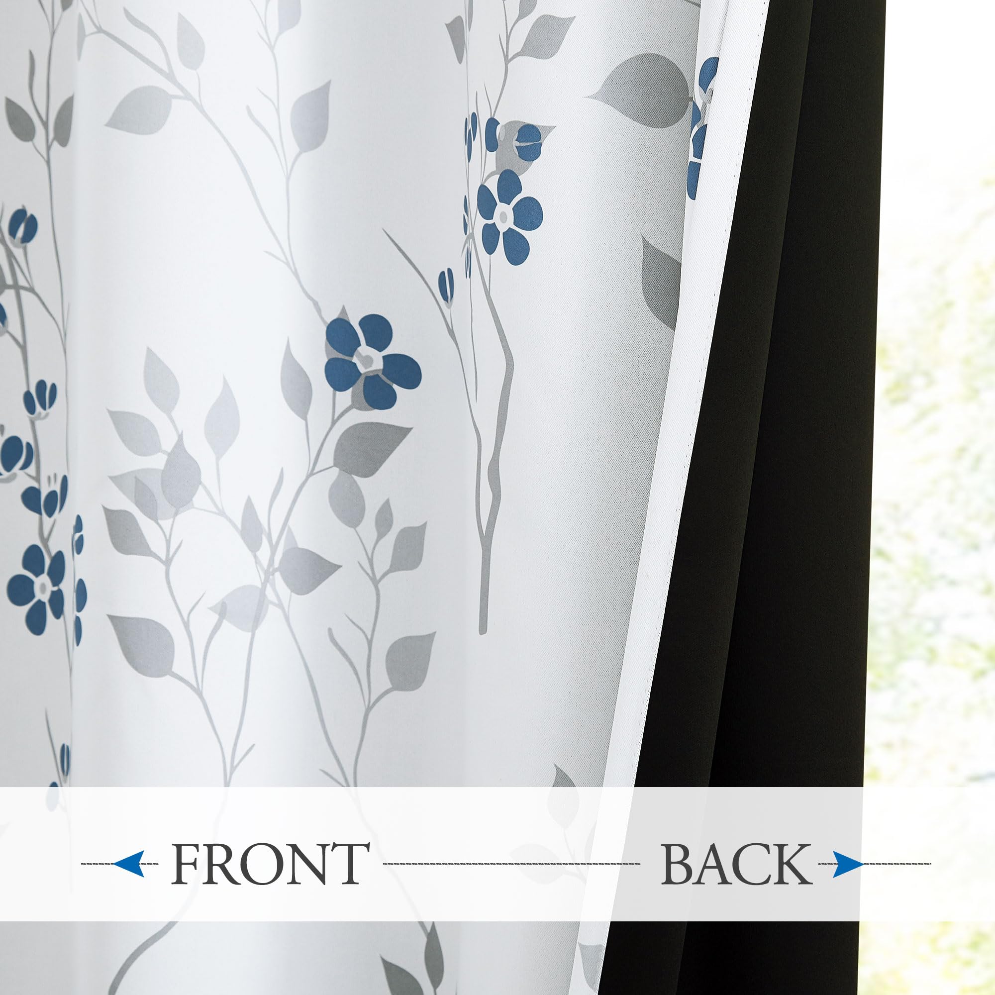 Jolof Store Blue Grey Floral Blackout Curtains - 72 Inch Thermal Drapes