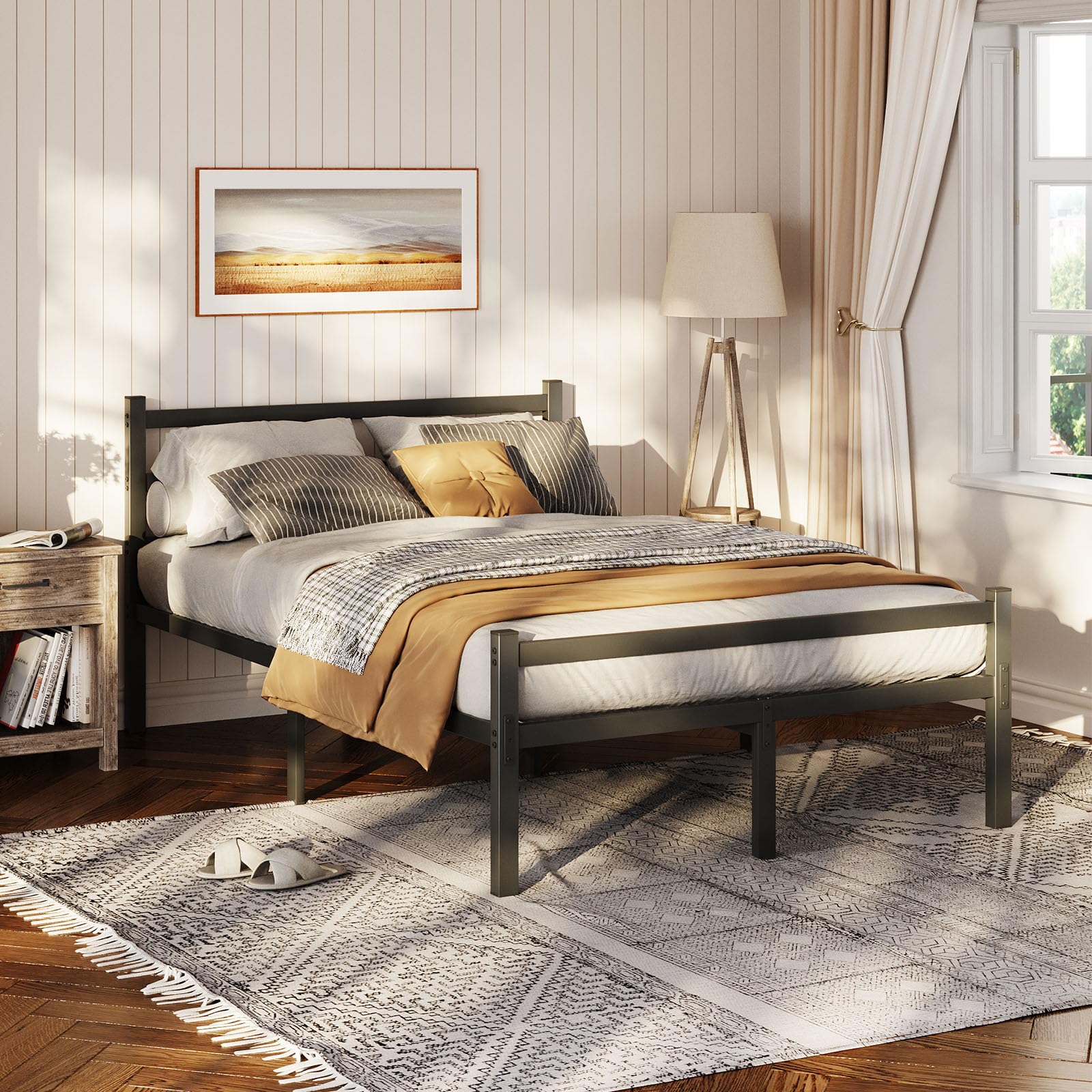 MUTUN 4ft6 Double Metal Bed Frame with Headboard - Heavy Duty Black