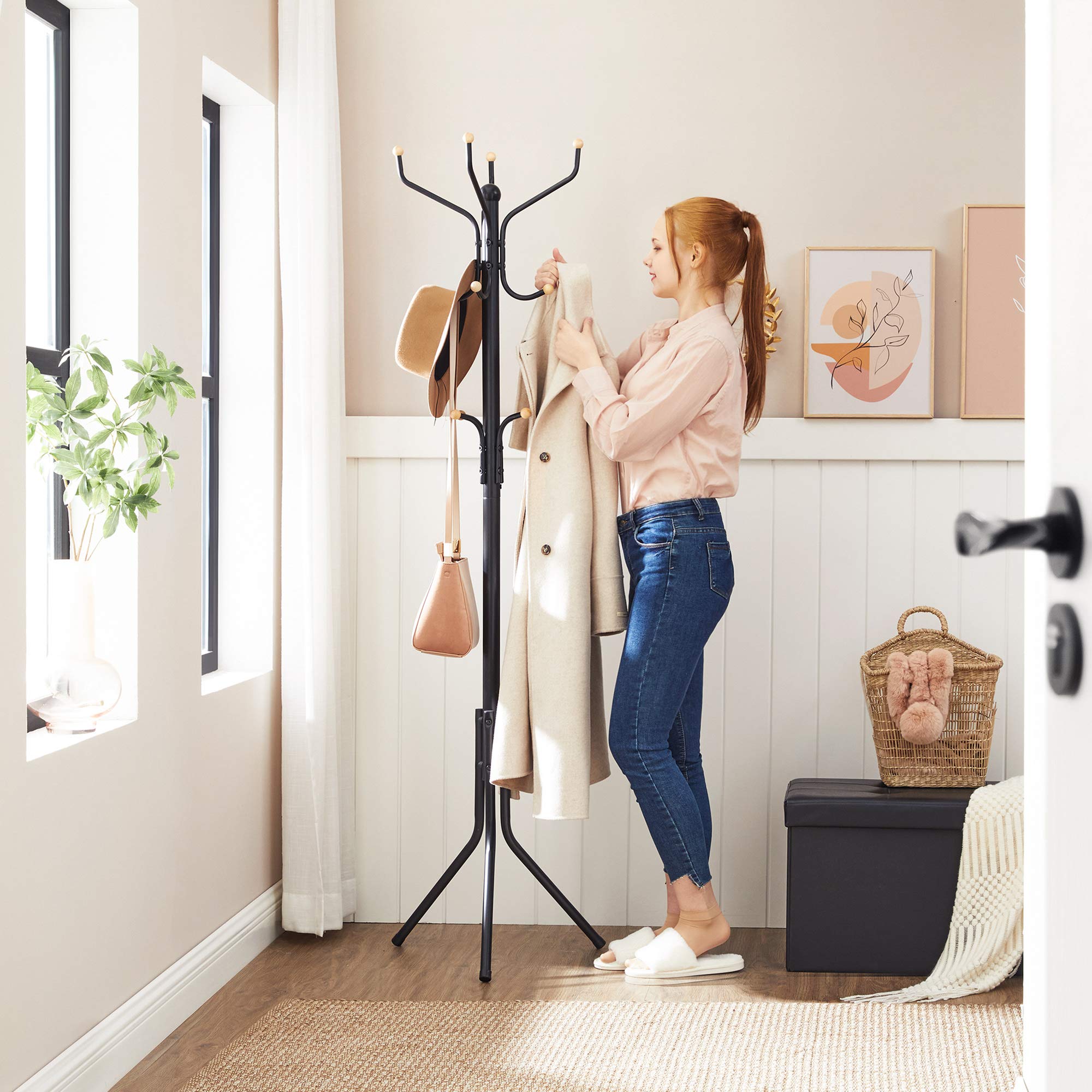SONGMICS Metal Coat Rack Stand | 12-Hook Free Standing Hall Tree, Black
