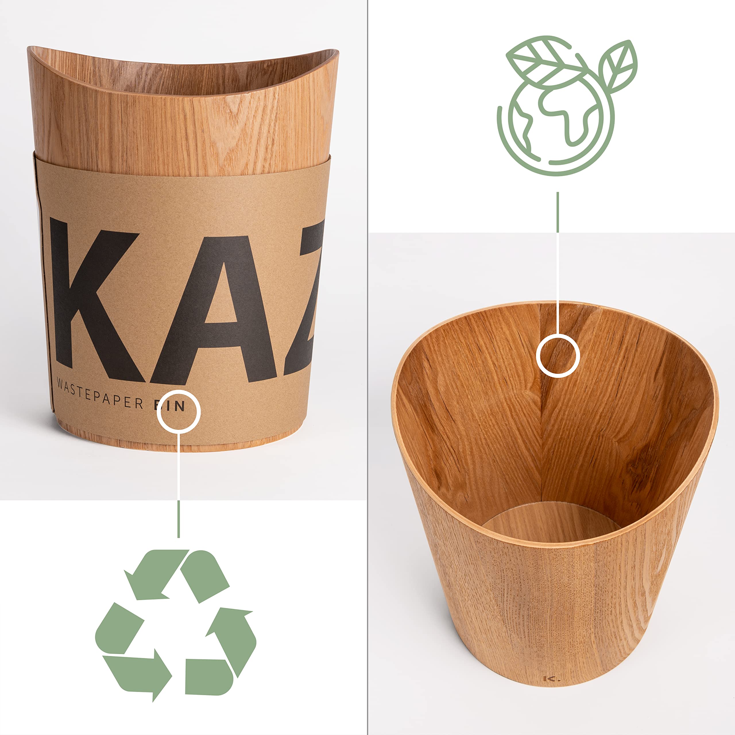 Kazai Real Wood Waste Paper Bin – 9L Sustainable Ash Wooden Basket