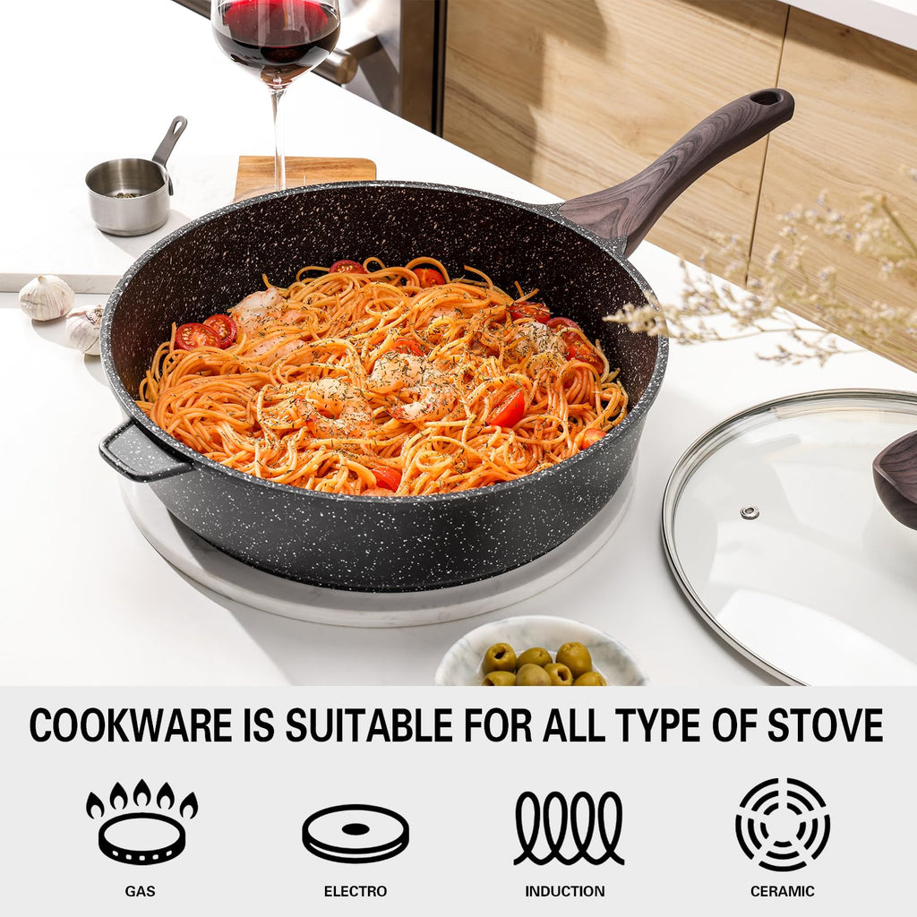 Kordisen Nonstick Deep Frying Pan with Lid | 28cm Granite Saute Skillet