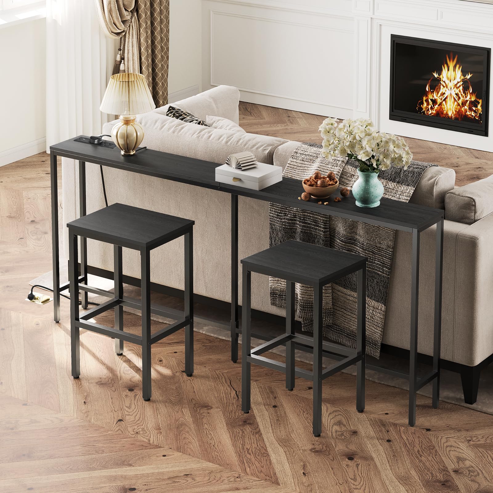 MAHANCRIS 180 CM Narrow Console Table with Power Outlet | Industrial Black