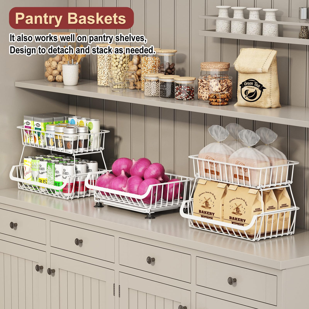 Miyawell 3-Tier Rolling Pantry Cart with Wheels, Stackable Wire Storage Floor Organizer for Kitchen Pantry Snack Shelves, Fruit Basket Stand - image 4