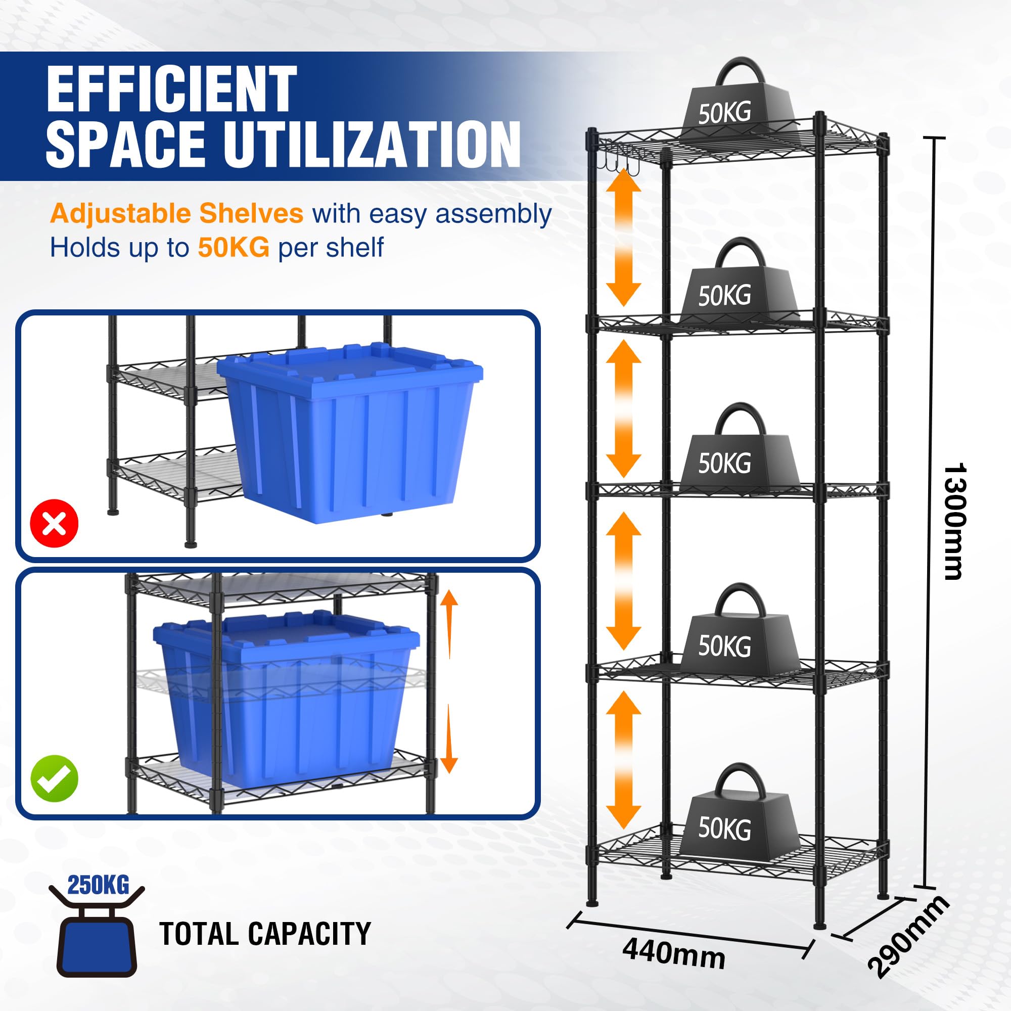 WORKPRO 5-Tier Metal Shelving Unit | Adjustable 250kg Storage Shelf