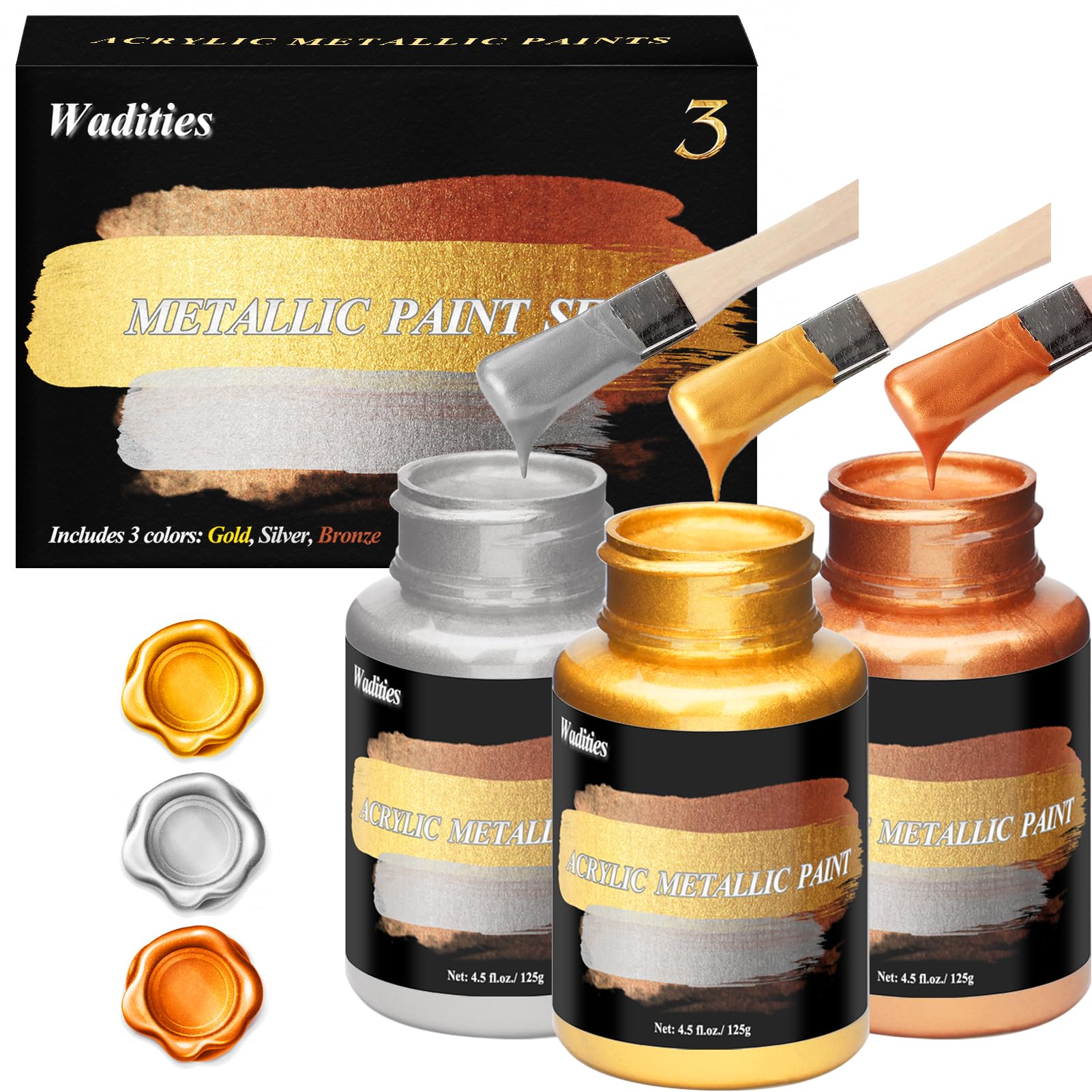 Wadities Metallic Acrylic Paint Set – Gold Silver Bronze for Canvas & Wood