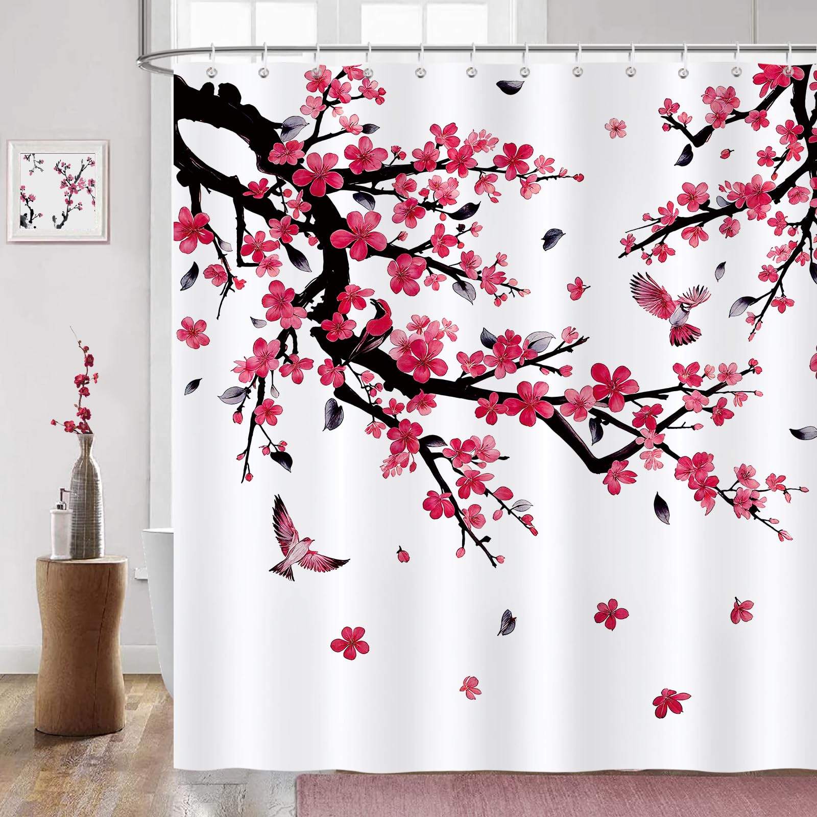 COZZSNUGE Floral Shower Curtain | Pink Plum Blossom Polyester | 183x183cm