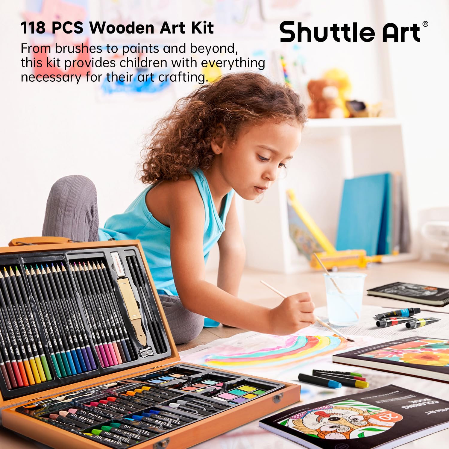 Shuttle Art 118 Piece Deluxe Art Set | Wooden Case Drawing & Painting Kit