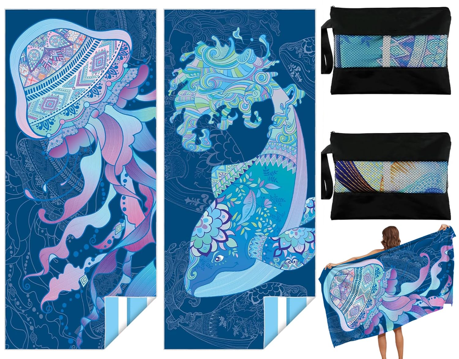 Bingobang 2 Pack Microfiber Beach Towels - Extra Large Sand Free Quick Dry