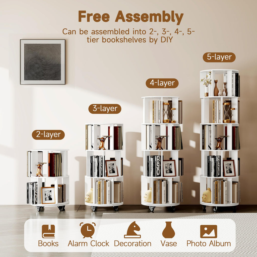 Turosur 5-Tier Rotating Bookshelf, 360° Revolving Bookcase Floor Standing - image 4