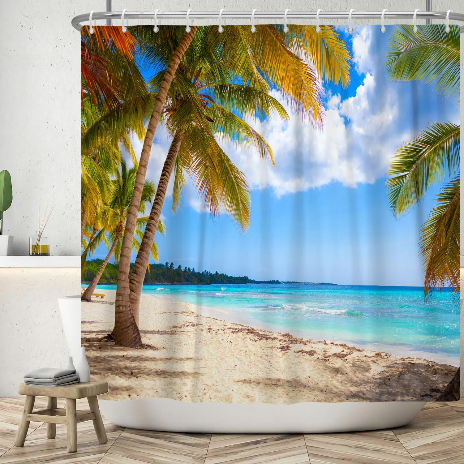 Jolof Store Palm Trees Beach Shower Curtain | Waterproof Polyester 180x180cm