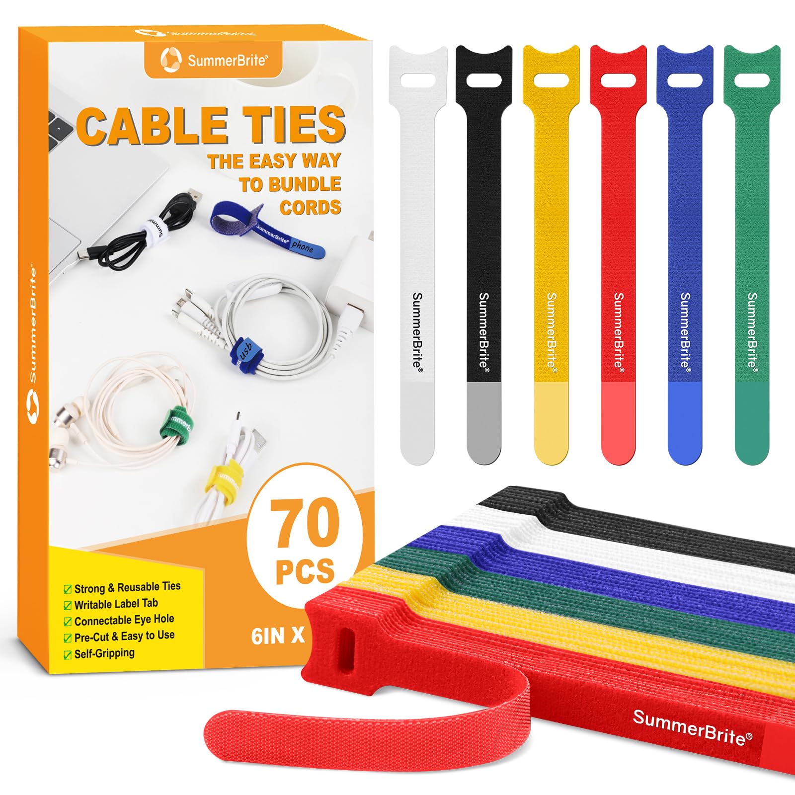 Summerbrite 70PCS Reusable Cable Ties – Adjustable Hook and Loop Straps