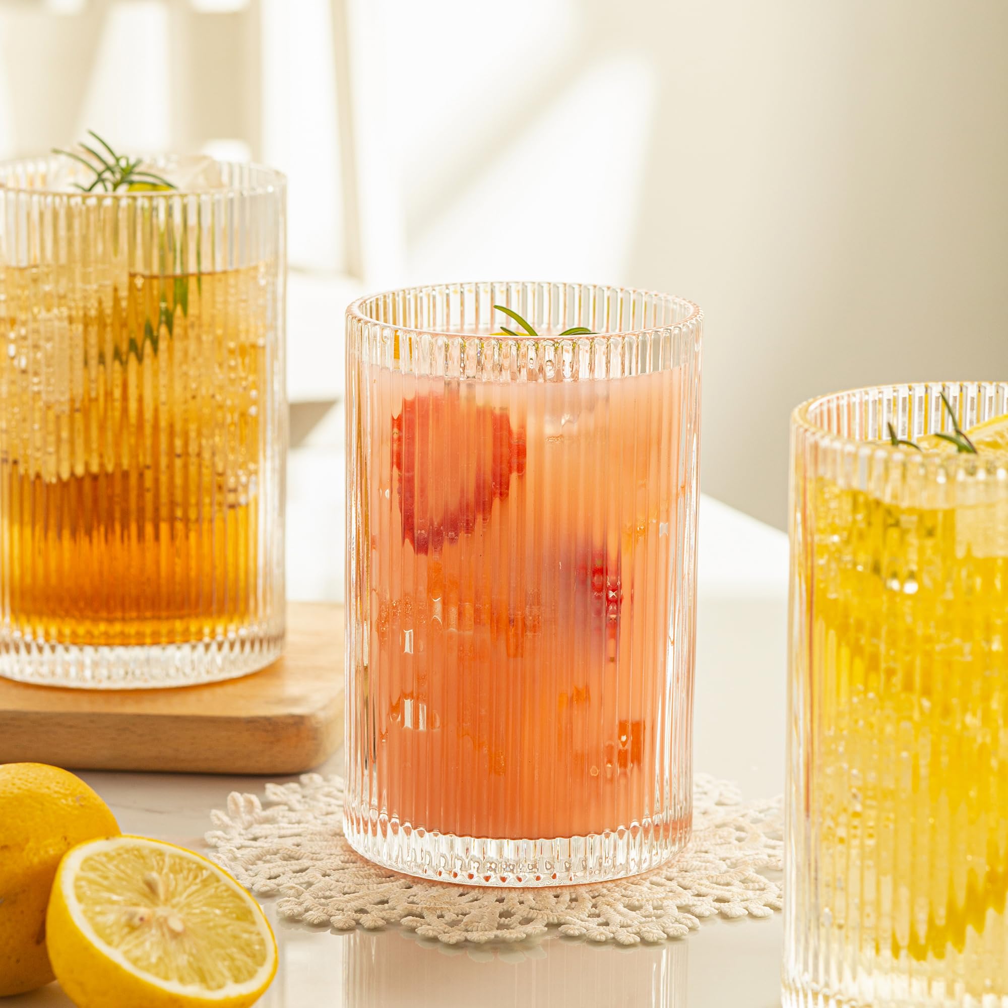 POLIDREAM Ribbed Glassware Set | 6pc 16.9oz Fluted Origami Drinking Glasses