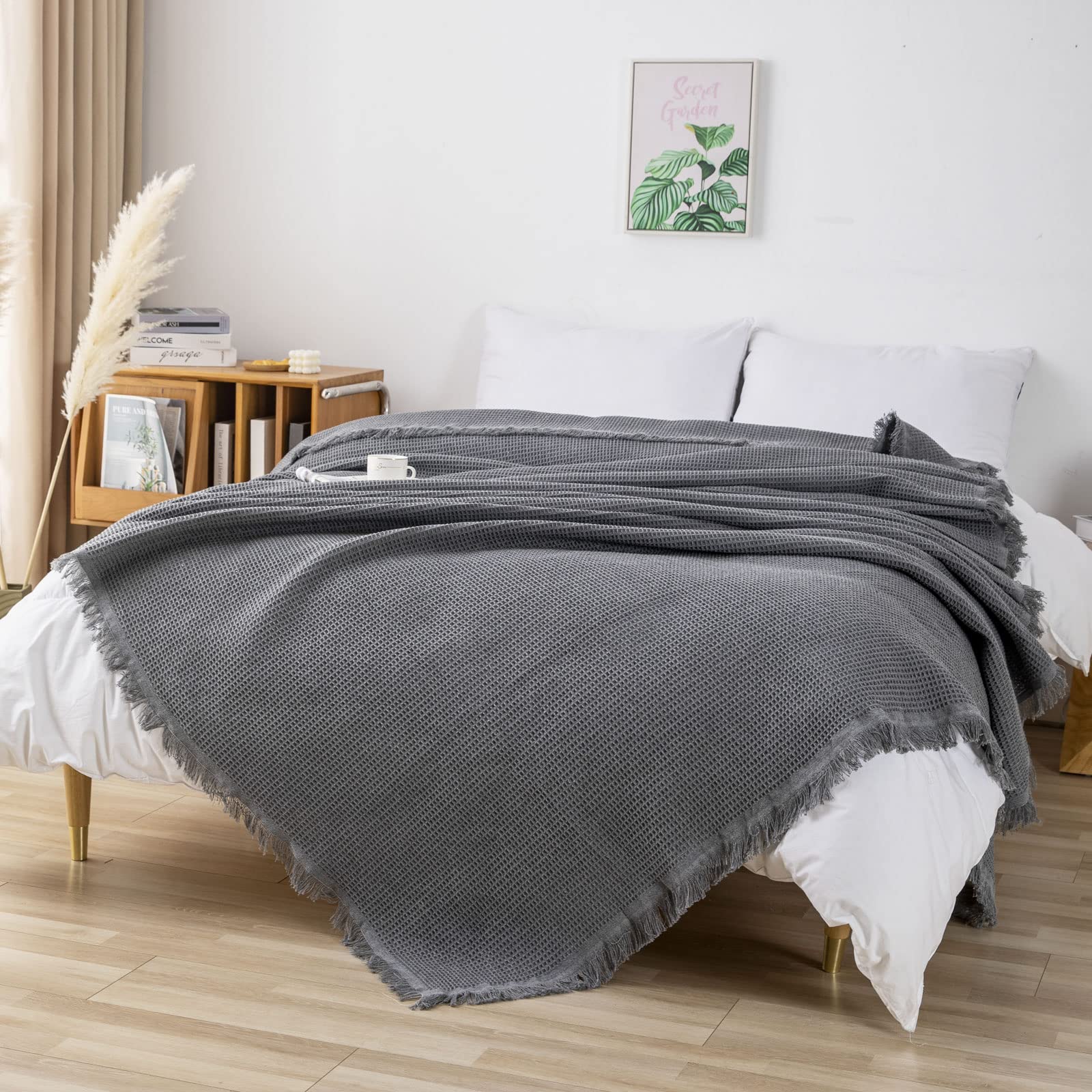 LHGOGO Woven Waffle Sofa Throw – Large 3 Seater Reversible Cotton Grey