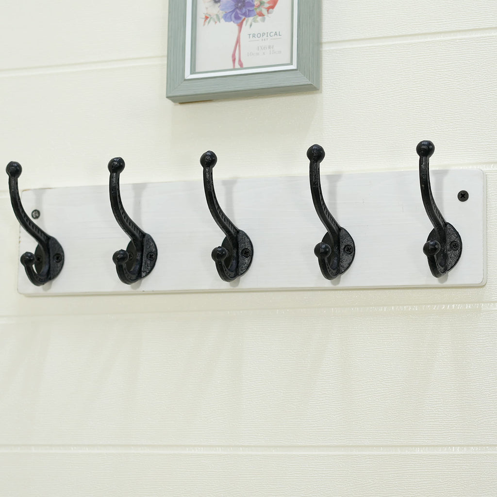 Rustic Wood Coat Rack – 5 Cast Iron Wall Hooks, 2 Pack
