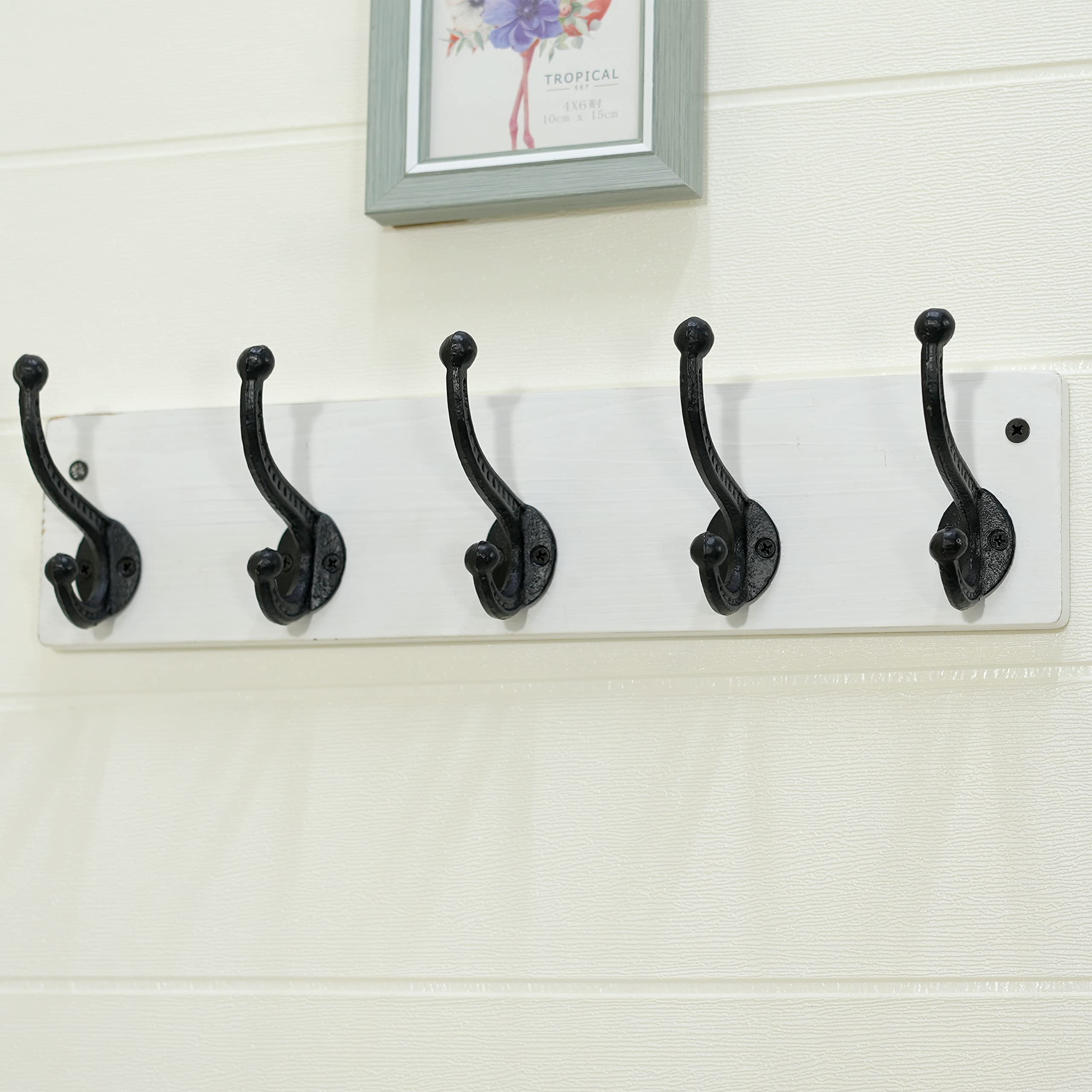 Rustic Wood Coat Rack – 5 Cast Iron Wall Hooks, 2 Pack