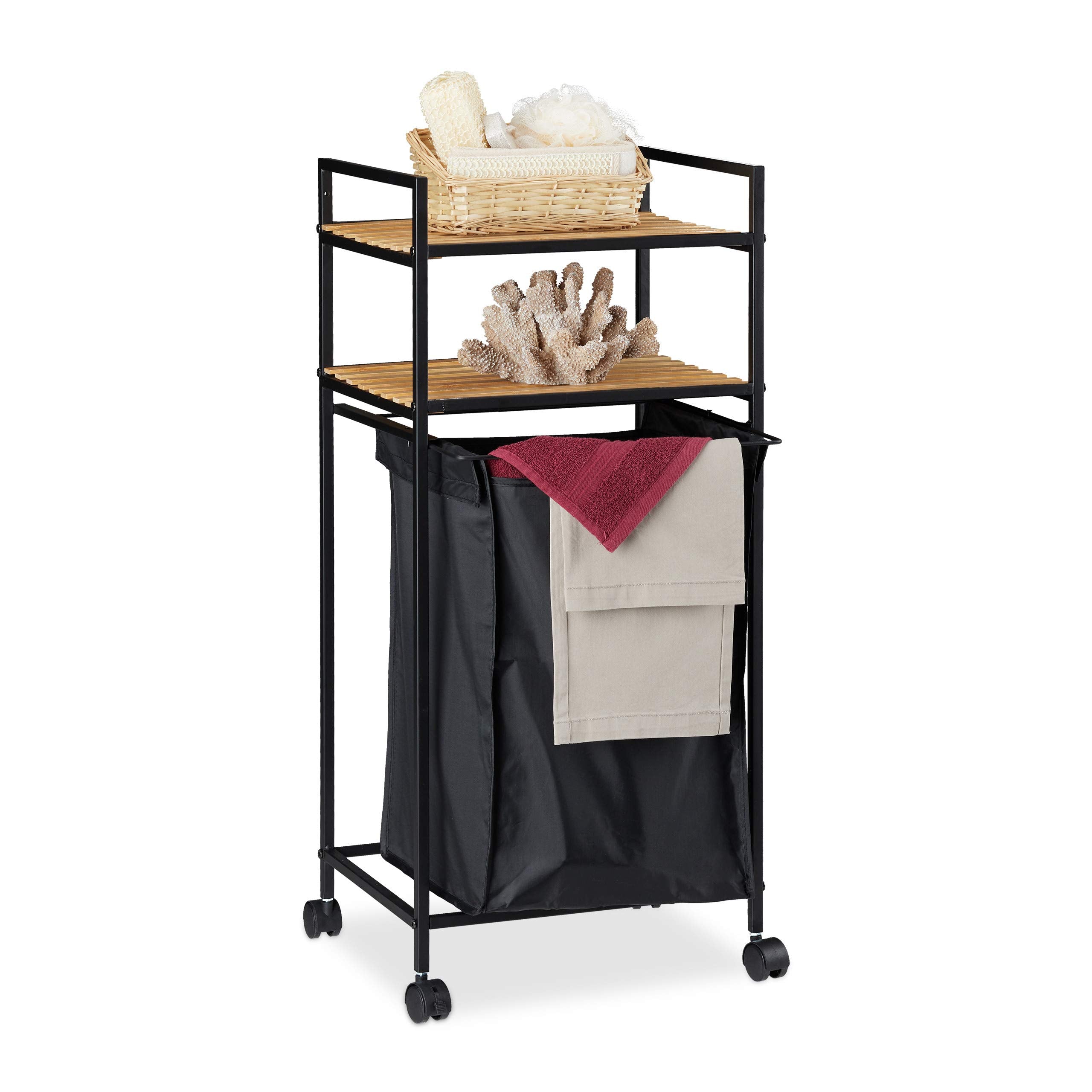 Relaxdays Rolling Bathroom Shelf with Laundry Hamper – Bamboo & Metal