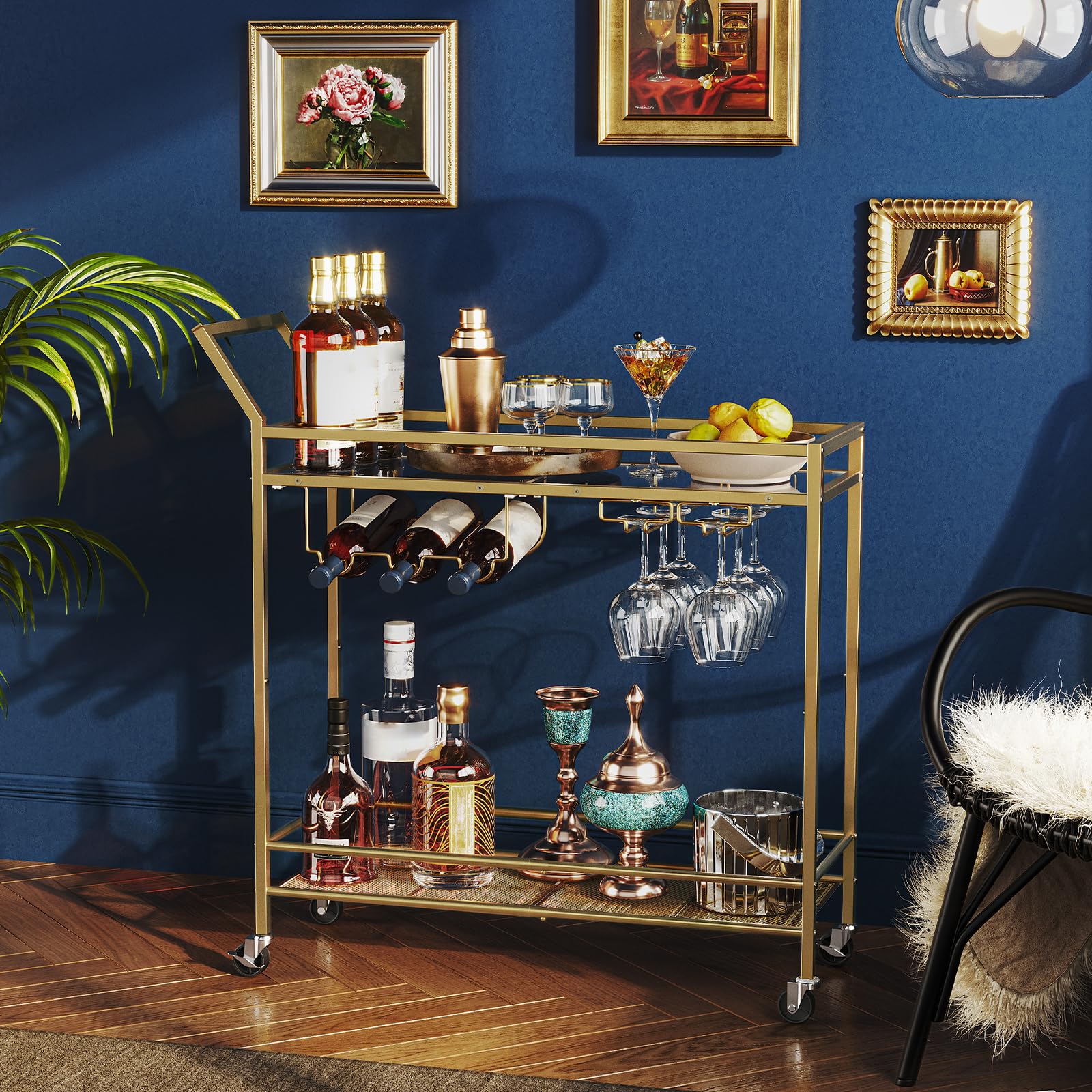 HOOBRO Gold Bar Cart – Mobile Drinks Trolley with Wine & Glass Rack