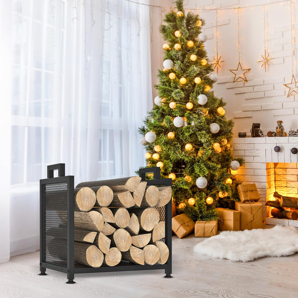 VyGrow Indoor Firewood Rack – Heavy Duty Metal Log Holder with Leather Carrier