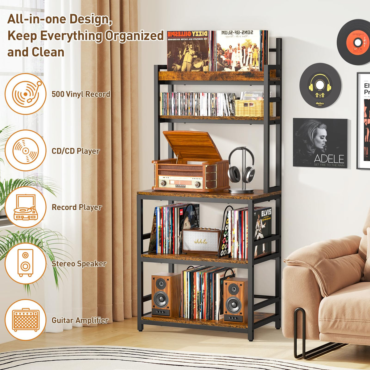 ikkle Record Player Stand with Vinyl Storage, Turntable Stand Holds Up to 500+Albums, 5 Layer Record Player Table with CD Racks for Living Room - image 4