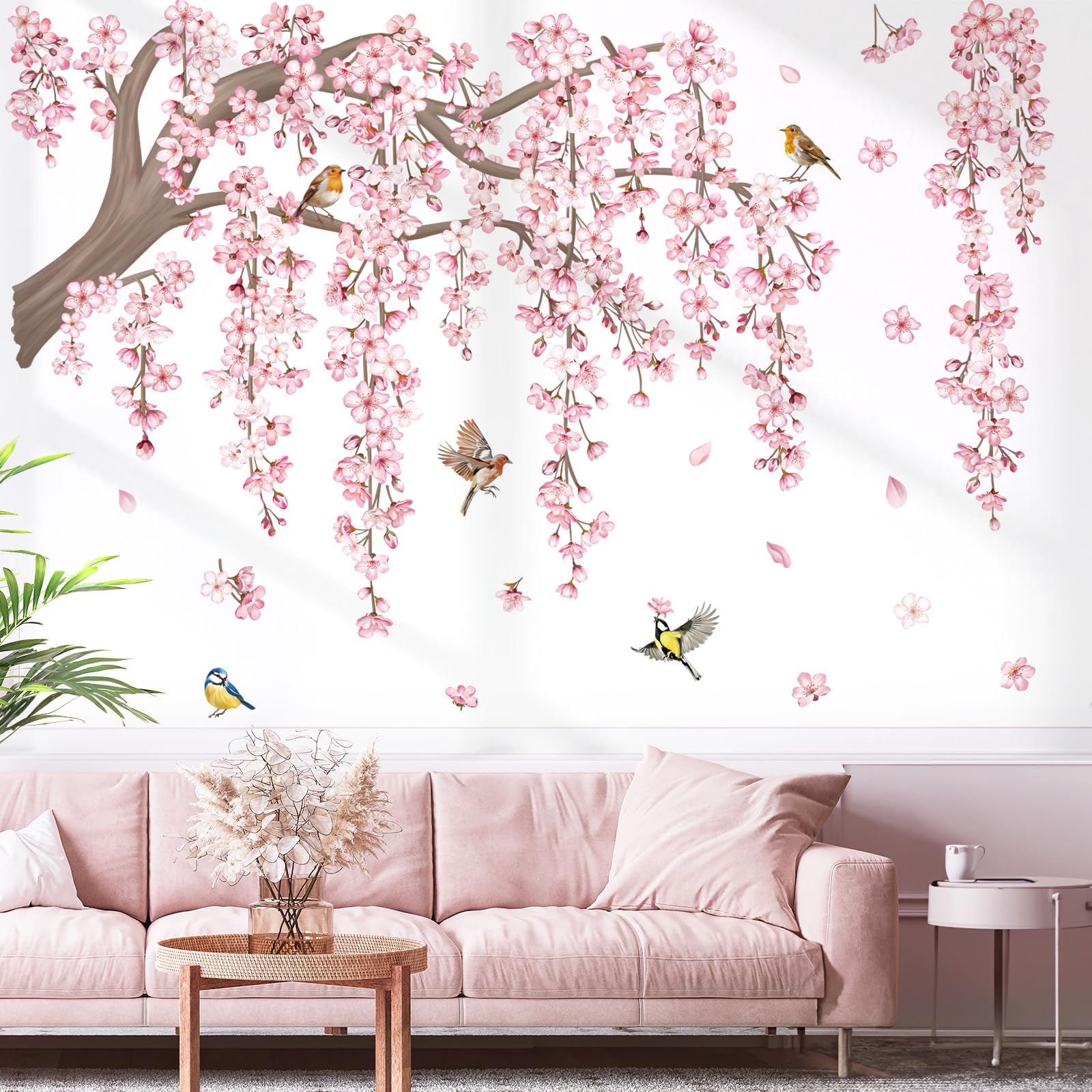 decalmile Pink Cherry Blossom Tree Wall Decals | Floral Bird Stickers