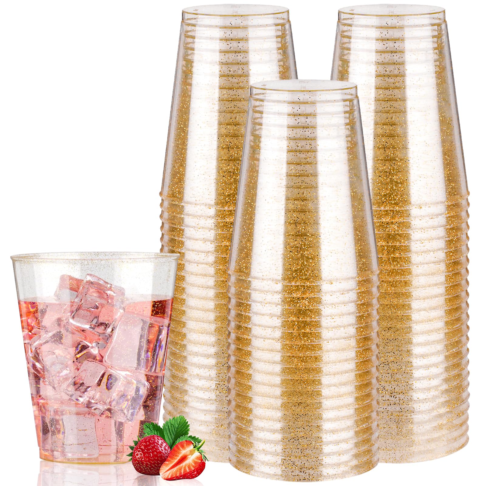 Goodluck 50-Pack Gold Glitter Plastic Cups | 10oz Reusable Party Glasses