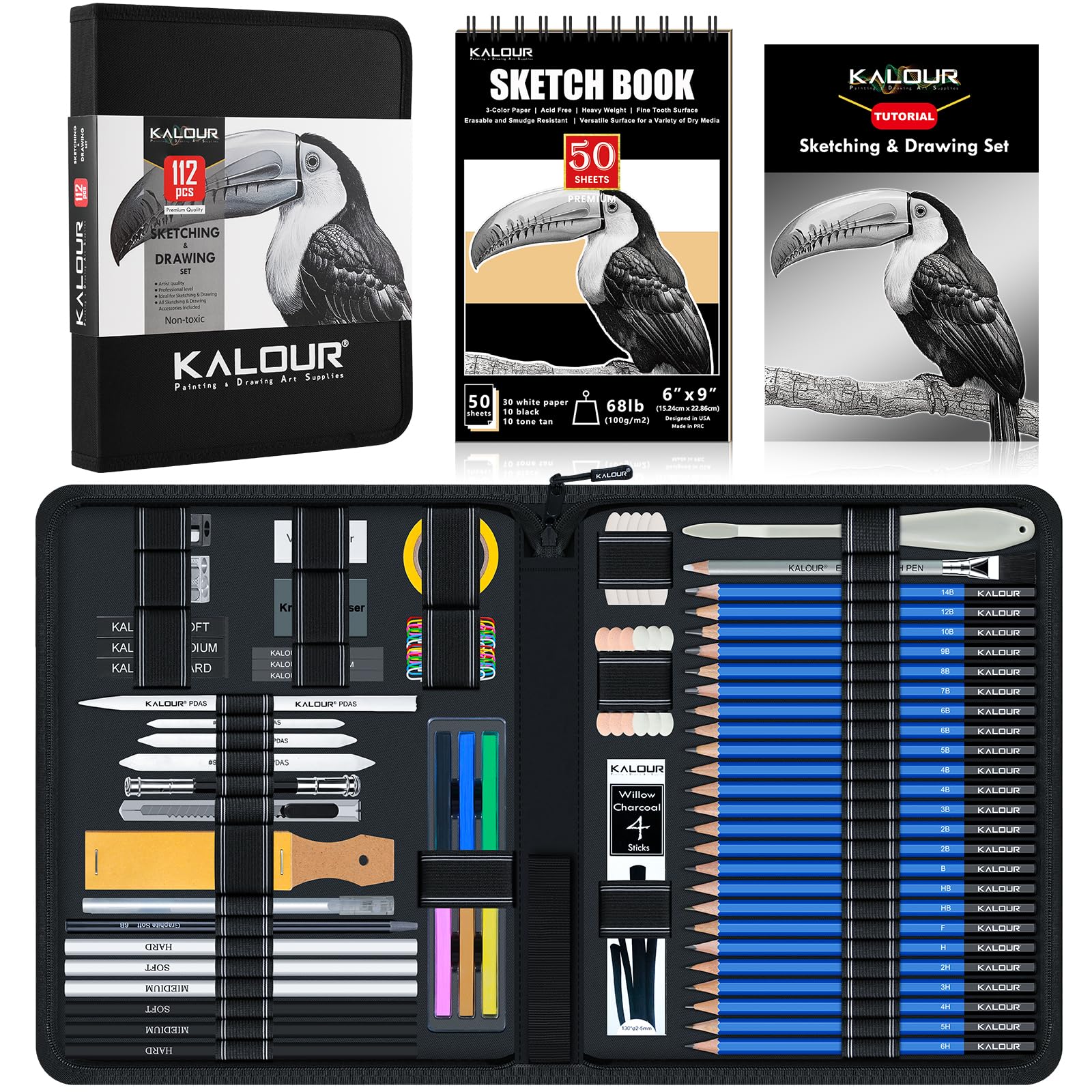 Kalour 112-Piece Drawing Set | Graphite & Charcoal Art Kit with Sketchbook