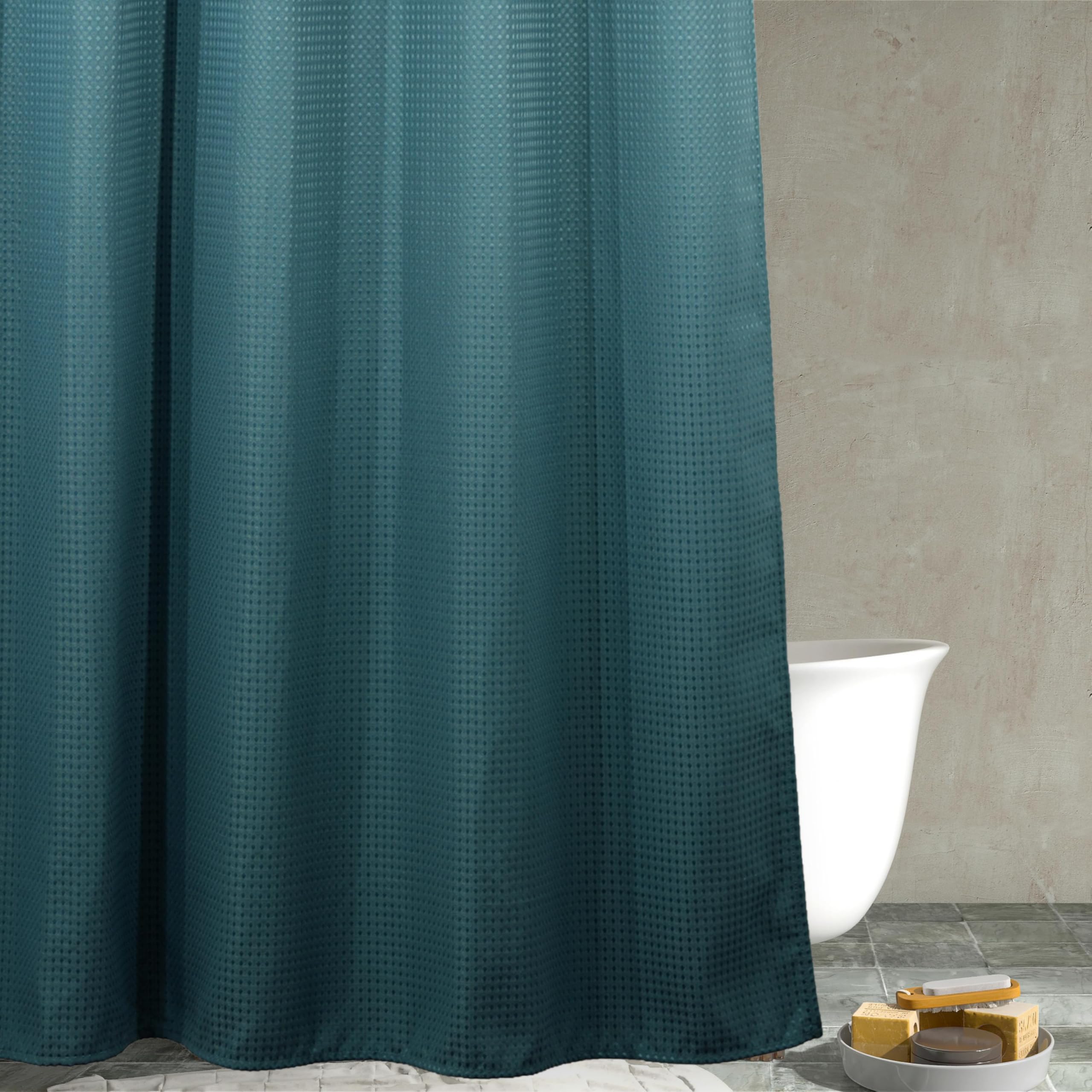 PopKozzi Teal Green Waffle Shower Curtain | Heavy Duty Textured Fabric