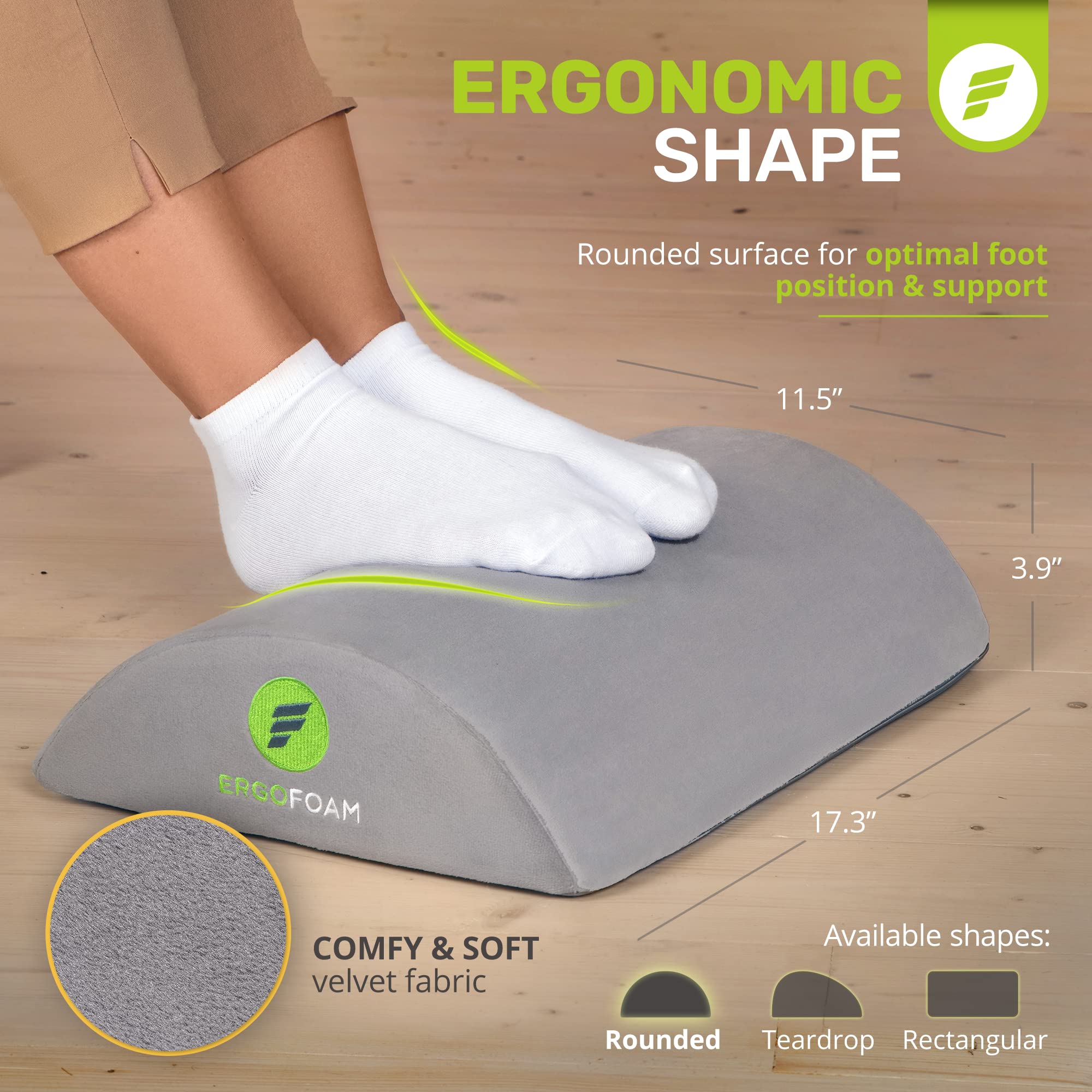 ErgoFoam Ergonomic Under Desk Foot Rest – Premium Velvet Foam - Grey