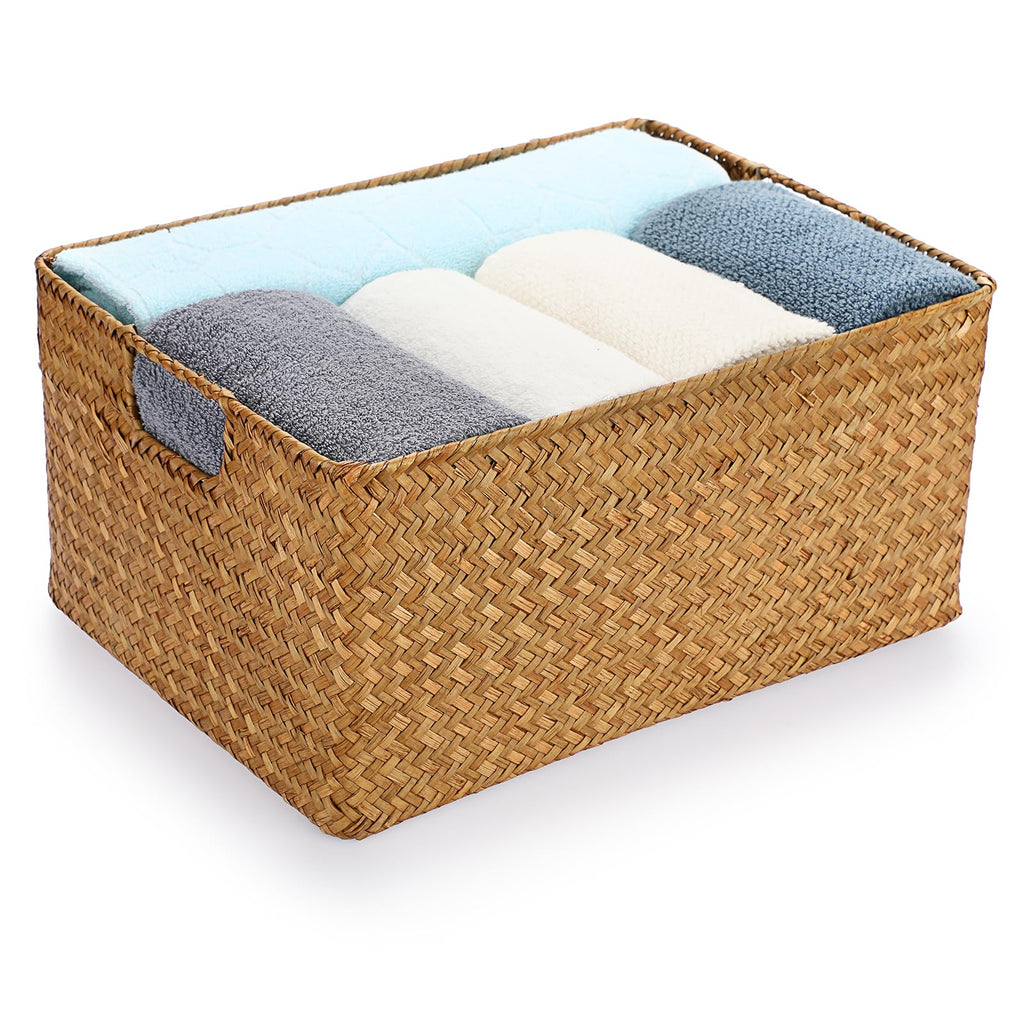 IGNPION Seagrass Storage Opened Basket Living Room Decorative Baskets Woven Wicker Towel Basket Rectangular Bathroom Storage Organiser Box - image 1
