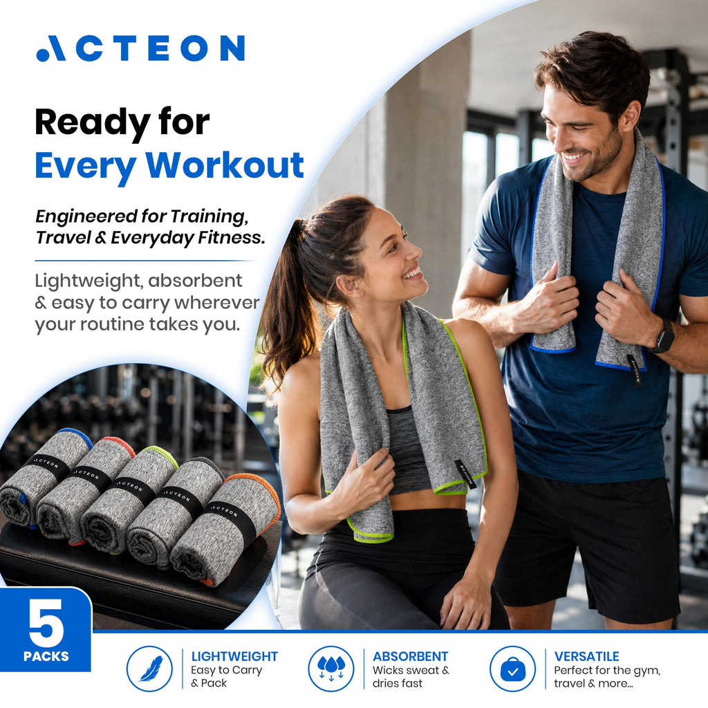 Acteon Microfiber Quick Dry Gym Towel, Silver ION Odor-Free Mega Absorbent Fiber 5-Pack, Fast Drying, Men & Women Small Workout Gear for Body Sweat - image 5
